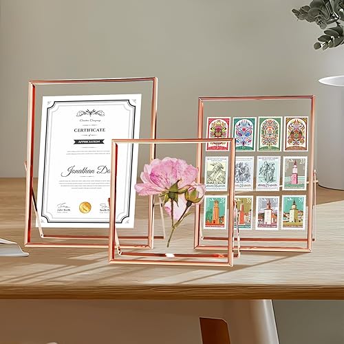 Miniatura 3 de Marcos flotantes de 5 x 7, 4 x 6, 4 x 4 con vidrio, marcos de fotos de metal para exhibición independiente de mesa, juego de 3 unidades color oro