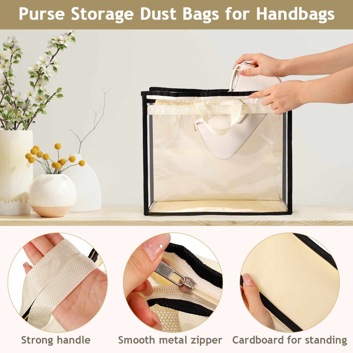 15 bolsas de polvo para bolsos, bolsa de almacenamiento protectora de bolso, organizador de armario colgante con asa de cremallera, organizador de almacenamiento transparente para armario, 3