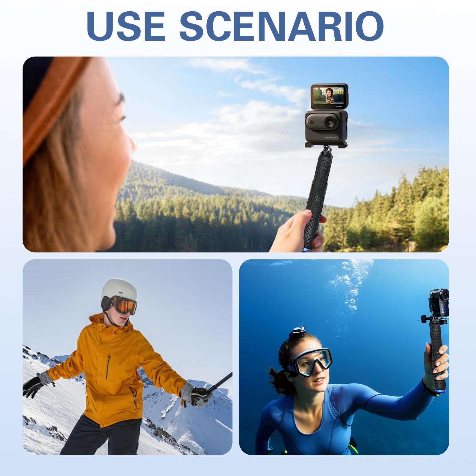 Stick per selfie GoPro, 36"/98 cm, impermeabile, allungabile per selfie stick 29-98 cm, asta monopiede in alluminio per GoPro Hero 8 9 10 11 12, per DJI Osmo Action, AKASO EK7000 (blu, 29 cm)