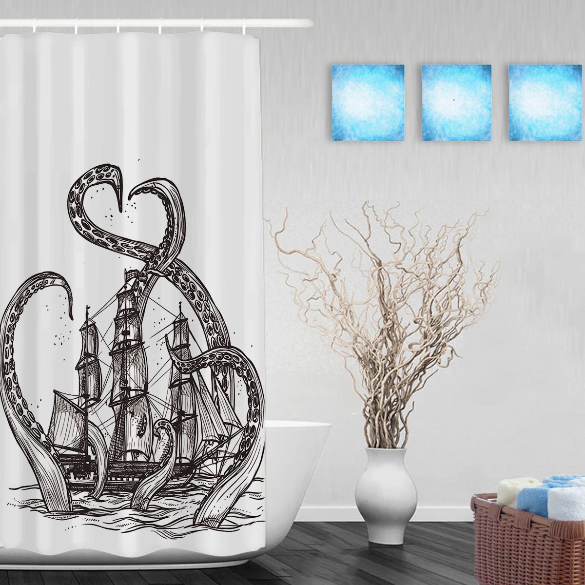 Vintage Hand Drawn Shower Curtain Sketch Mollusc-Octopus and Pirate Ship Bathroom Shower Curtains Waterproof Mildewproof Fade Resistant Polyester Fabric 36"x72"Inch