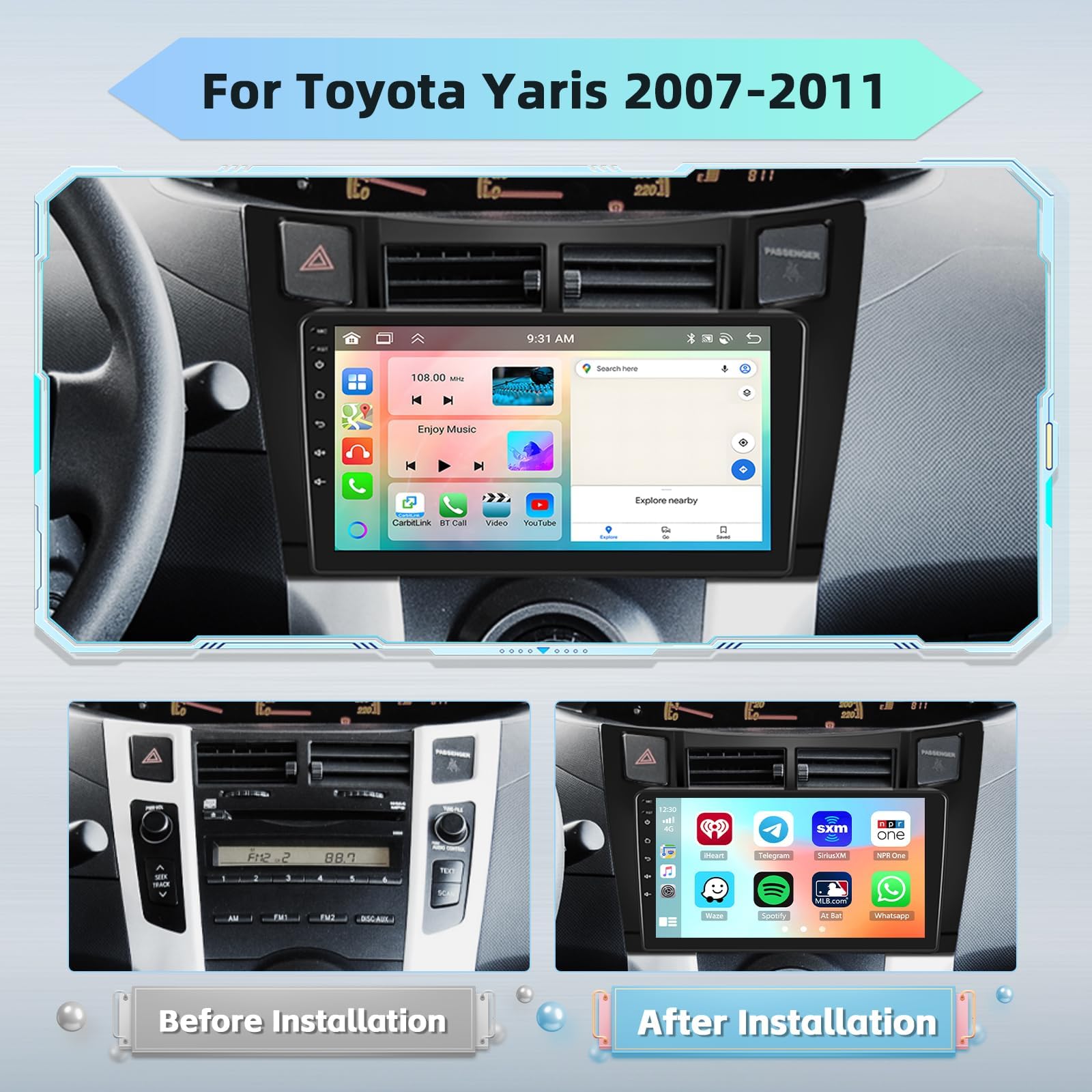 [8 Core 4G+64G] Hikity Car Radio per Toyota Yaris/Vizi 2005-2011 Wireless Carplay Android Auto Android 15 Autoradio 9 Pollici Stereo Auto con GPS 32EQ WIFI Bluetooth SWC MIC Telecamera Posteriore