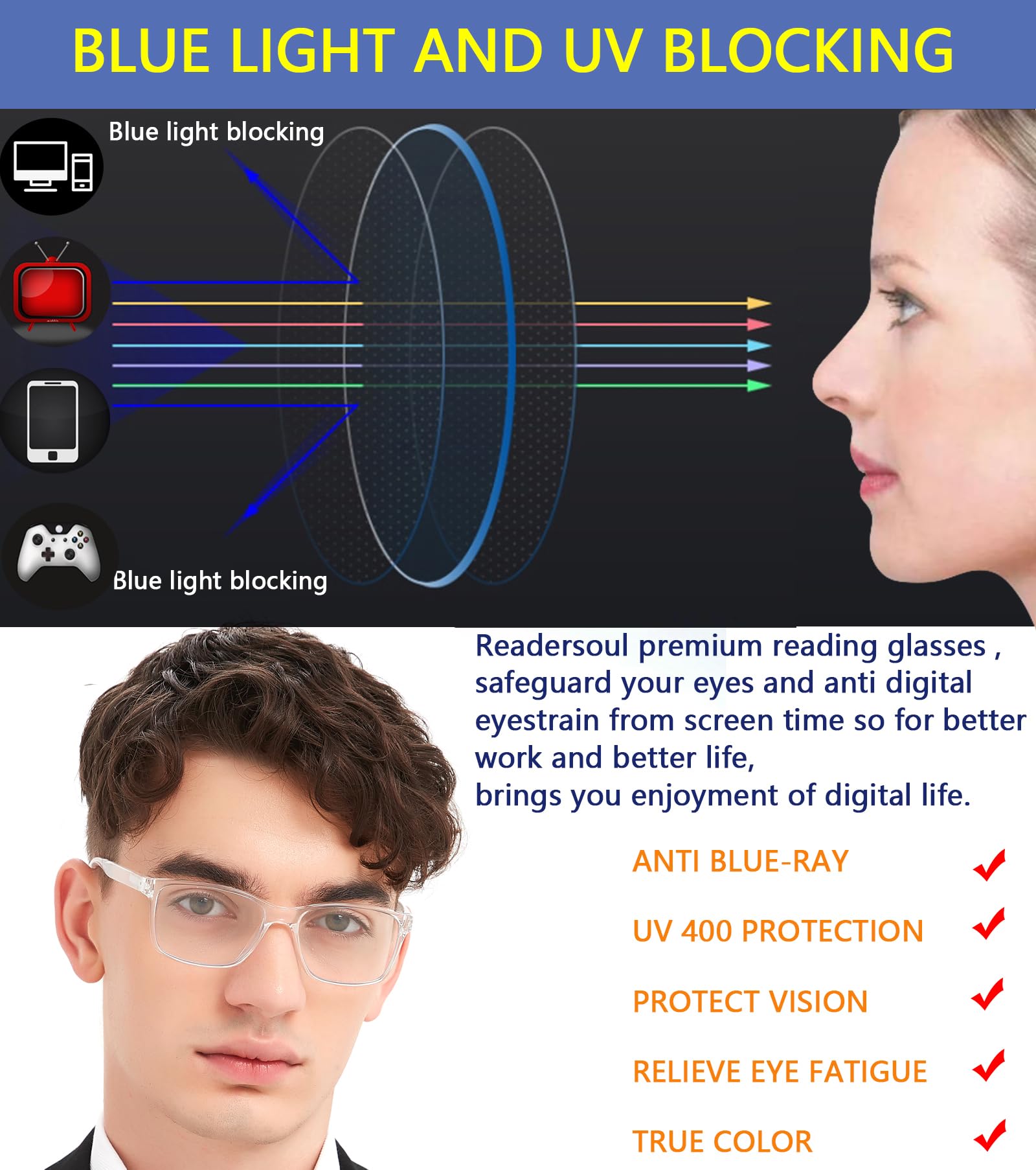 Lesebrille mit blauem Licht für Herren, 4 Stück, stilvoll, für Computer, 1,5 Leser, mit Federscharnieren, Anti-Fulnis-Filter / Ermüdung der Augen, L, Packung mit 4 Farben, gemischt, A4,