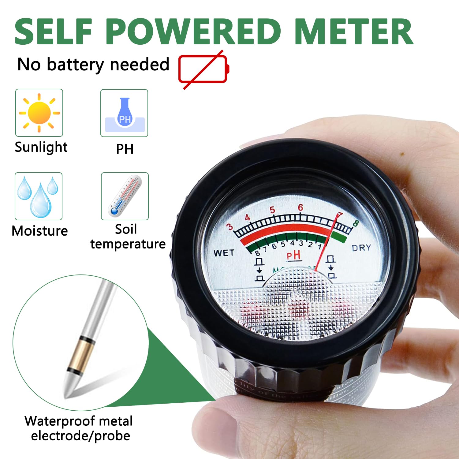 Medidor de pH del suelo 2 en 1, medidor de humedad del suelo, probador de pH del suelo, kit de prueba de suelo, herramienta de jardinería para plantas de interior y exterior, jardín, césped, granja,