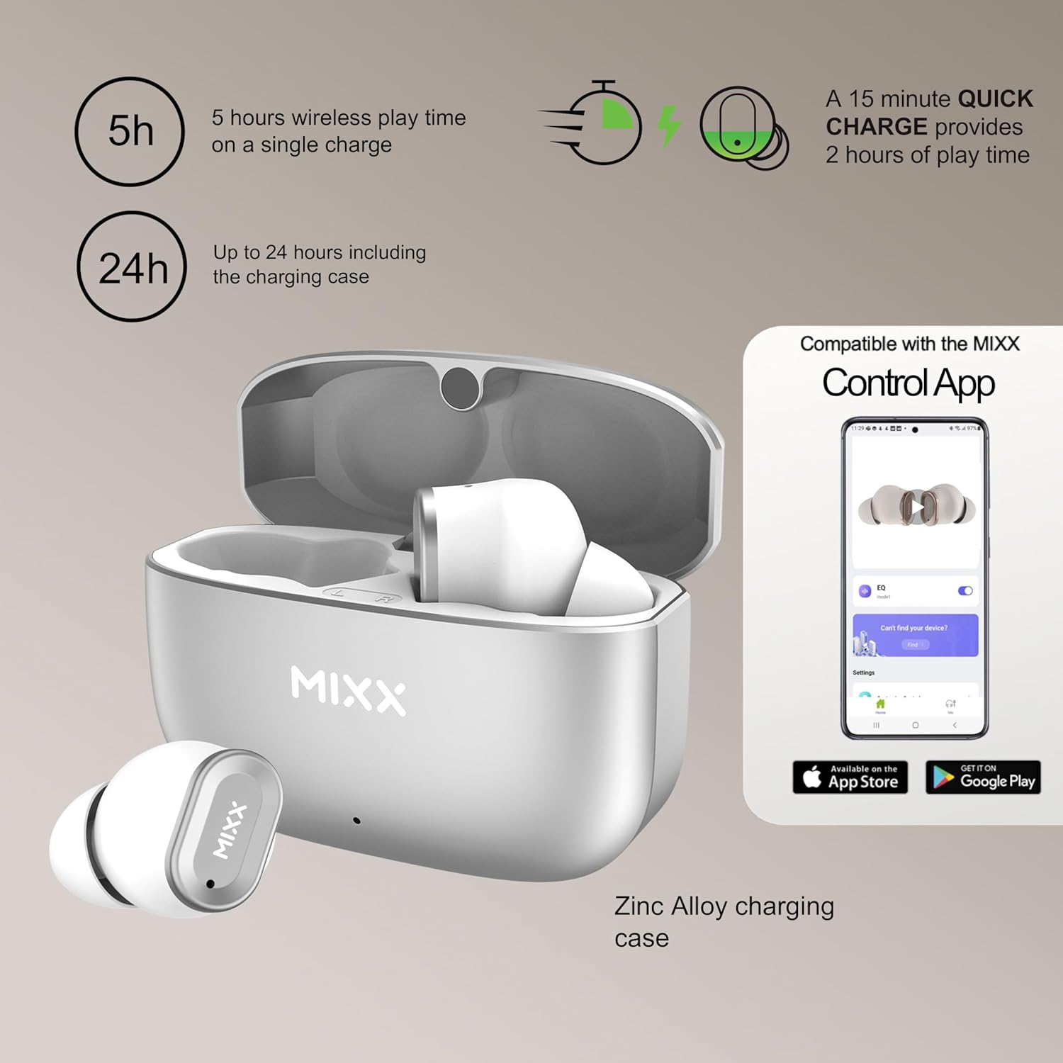 MIXX StreamBuds Custom 1 True Wireless Earbuds – 24hr Battery, Touch Controls, App EQ, Digital Display, Hands-Free Calling, Quick Charge – Zinc Alloy Case, Bluetooth 5.3, 3 Sizes - White