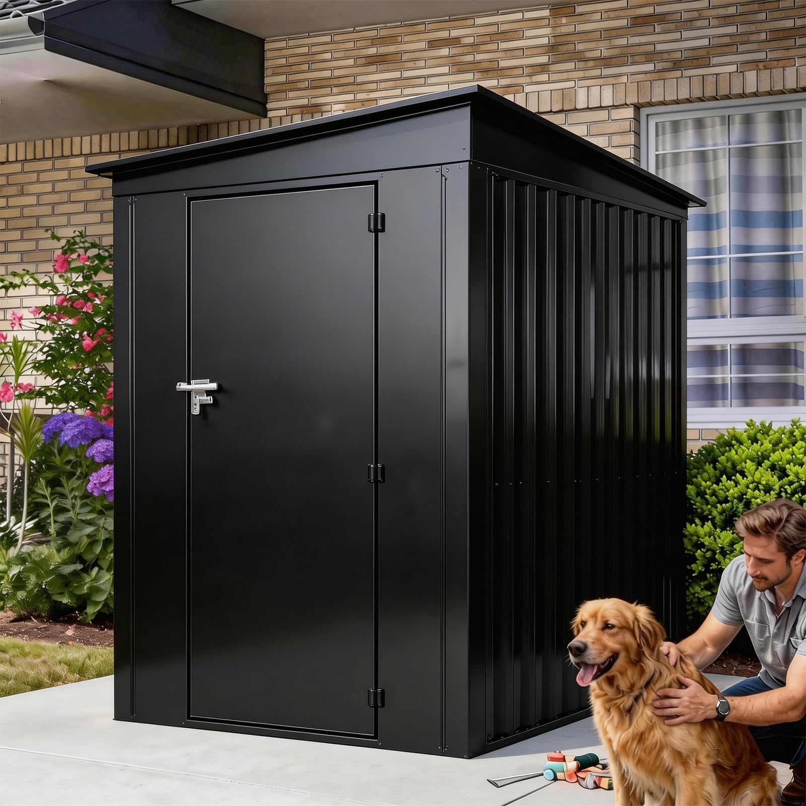 All-Weather Outdoor Storage Shed with Sliding Door & Pent Roof – Durable Steel Garden Utility Tool House for Backyard, Patio, Lawn, Bike, and Equipment Storage (Black, 6x4 FT)