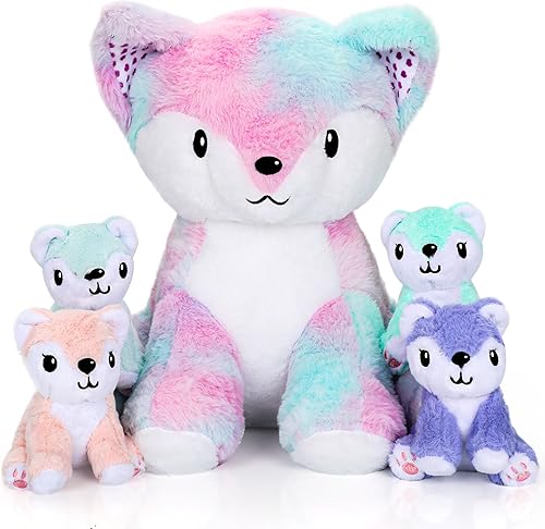 Smikawy Animal de peluche de zorro, juguetes esponjosos de peluche de zorro con juego de 4 bebés de zorro, juguetes de zorro arcoíris, juguetes