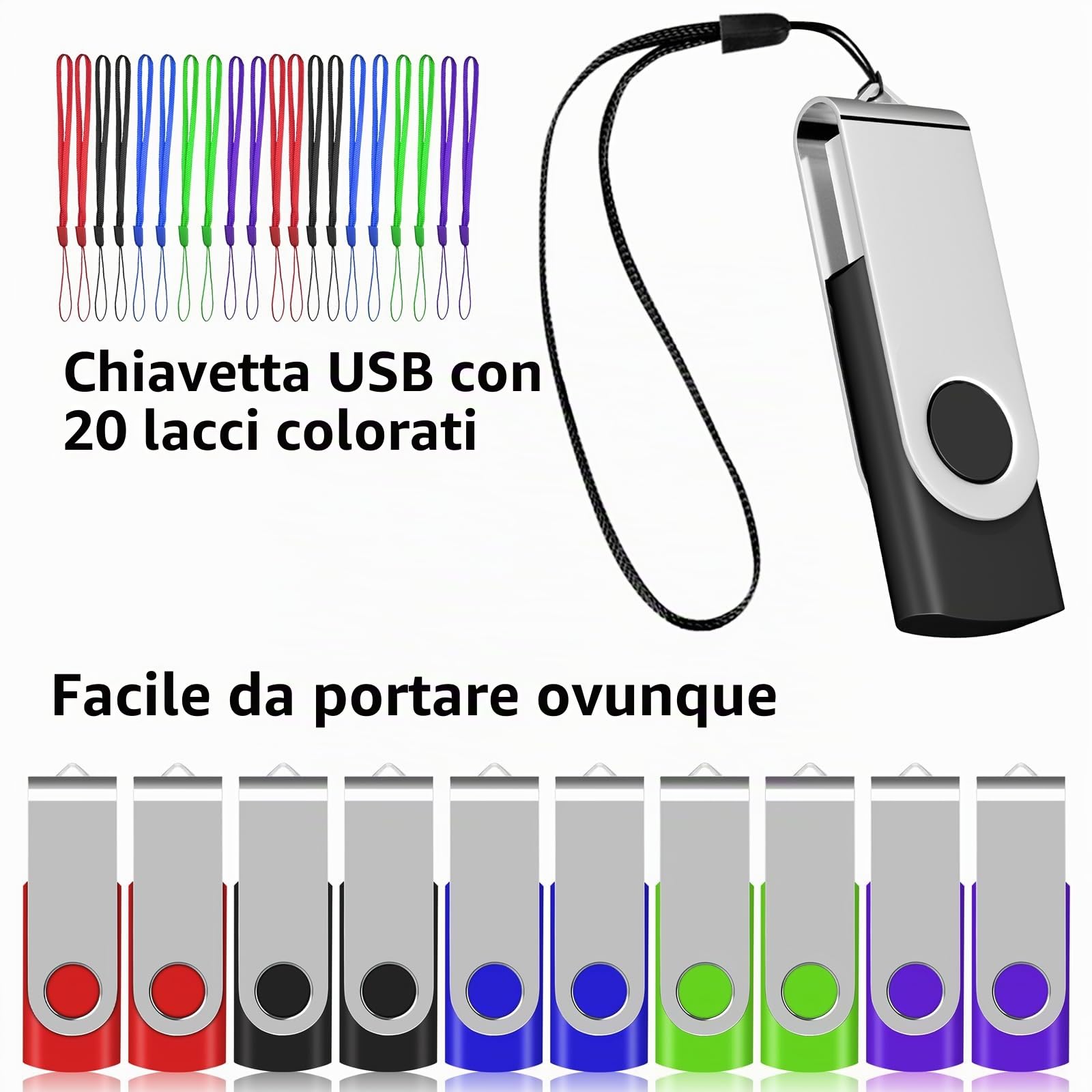 AreTop Chiavette USB, 4 GB, 20 pezzi, USB 2.0, chiavetta USB, chiavetta USB, flash drive 20 pezzi, multicolore