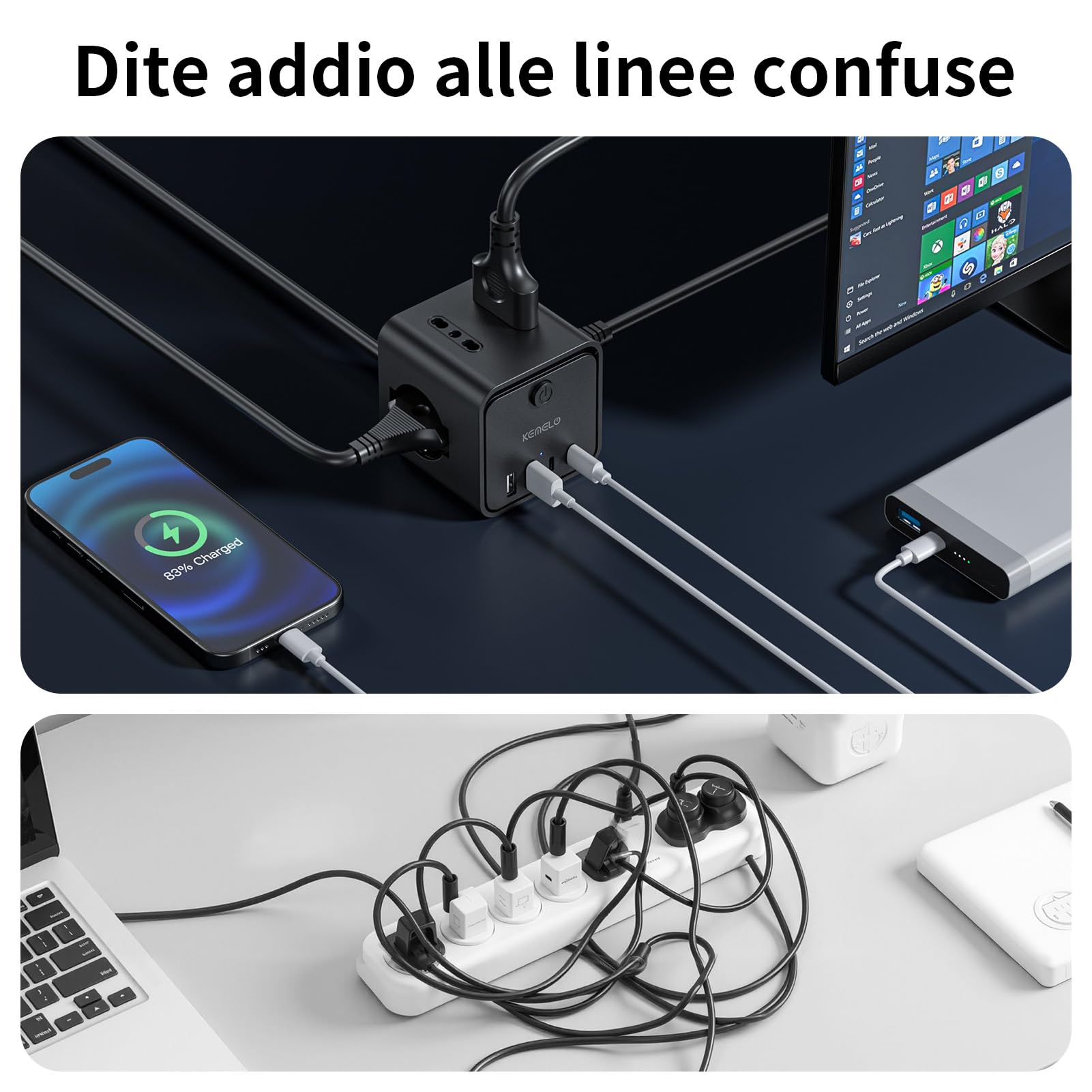 Ciabatta Elettrica Multipresa con 4 Prese Universali 10/16A ITA e Schuko, 2 M Prolunga Elettrica con 2 USB A+2 USB C,Presa Multipla Spina Piatta Salvaspazio con Interruttori per Casa, Ufficio Nero