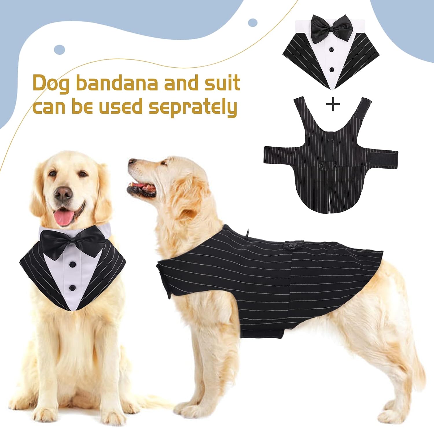 Formal Tuxedo for Dogs Set Costume and Bandana for Wedding Shirt with Bow Tie Clothes for Dogs Elegant Apparel Tuxedo for Wedding Party Festival Halloween Christmas (Striped Black - Image 4