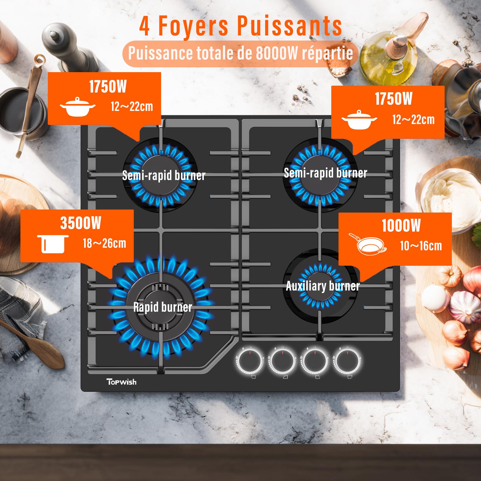 TOPWISH plaque de cuisson gaz 4 feux, plaque gaz 4 feux, table de cuisson encastrable 60cm avec blanc bouton rotatif éclairé, NG/LPG décapotable, protection d'extinction, allumage automatique, 8000W