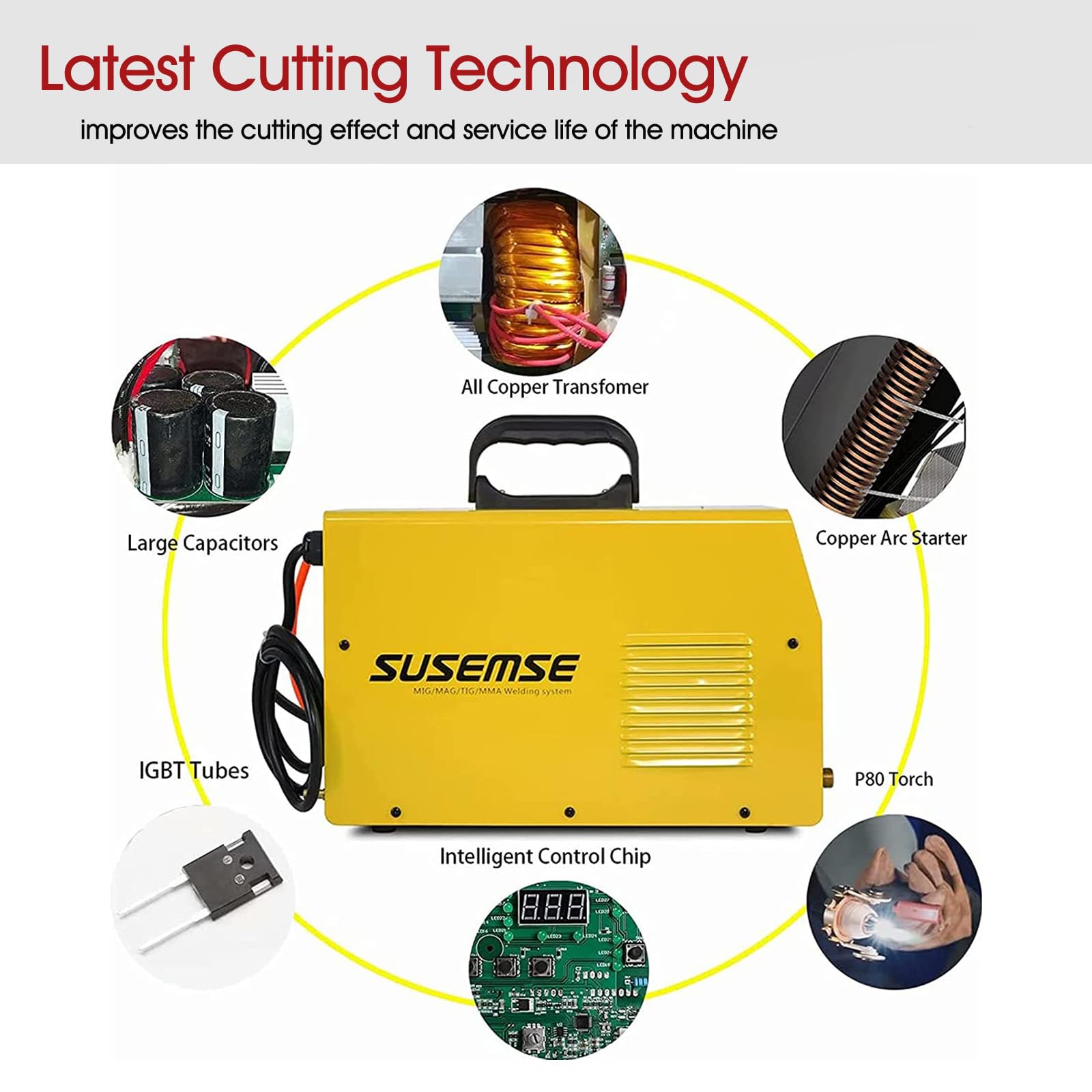 SUSEMSE Plasmaschneider 65 Ampere IGBT Inverter Plasma Cutter (DC, 230V, Schneidstrom 20-65 A, Schneidleistung max bis 16 mm) - mit Plasmabrenner und Plasma Düsen Set