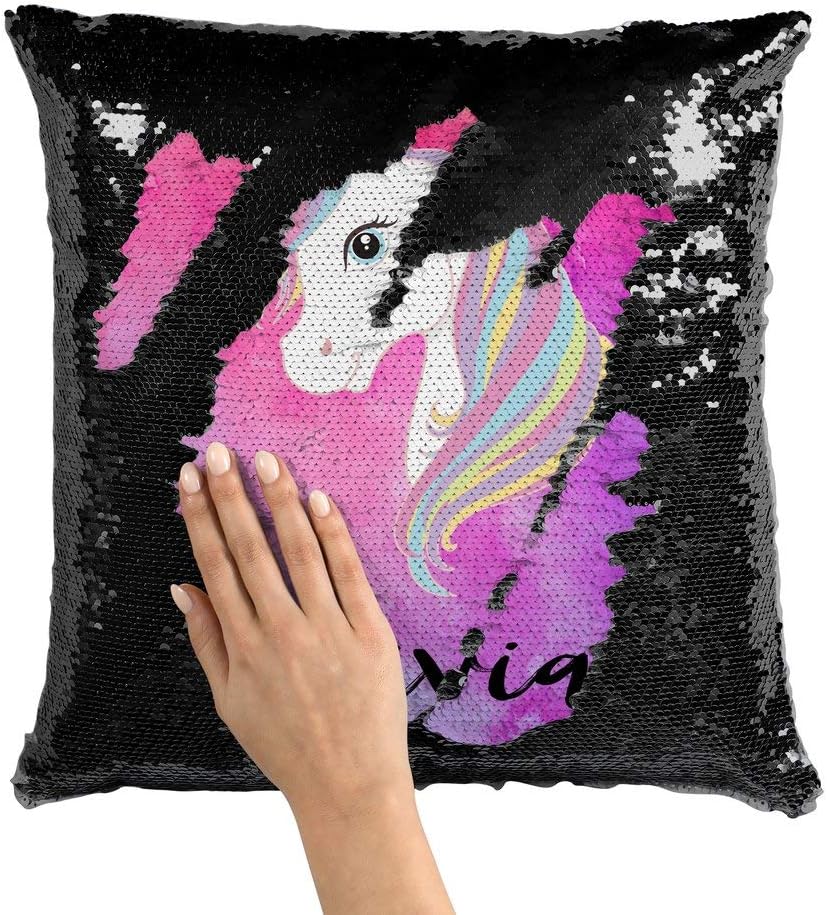 Violet Victoria & Fan Star Personalized Unicorn Sequin Mermaid Flip Pillow Pink Watercolors Red Sequins, Polyester Insert, 16x16 Inches