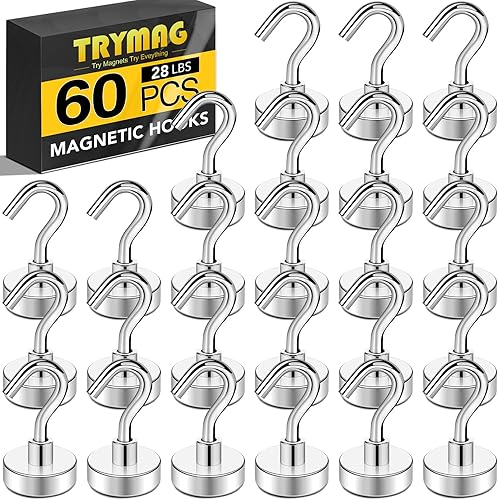 TRYMAG Ganchos magnéticos resistentes, ganchos magnéticos súper fuertes de 28 libras para colgar, imanes de neodimio con gancho para refrigeradores