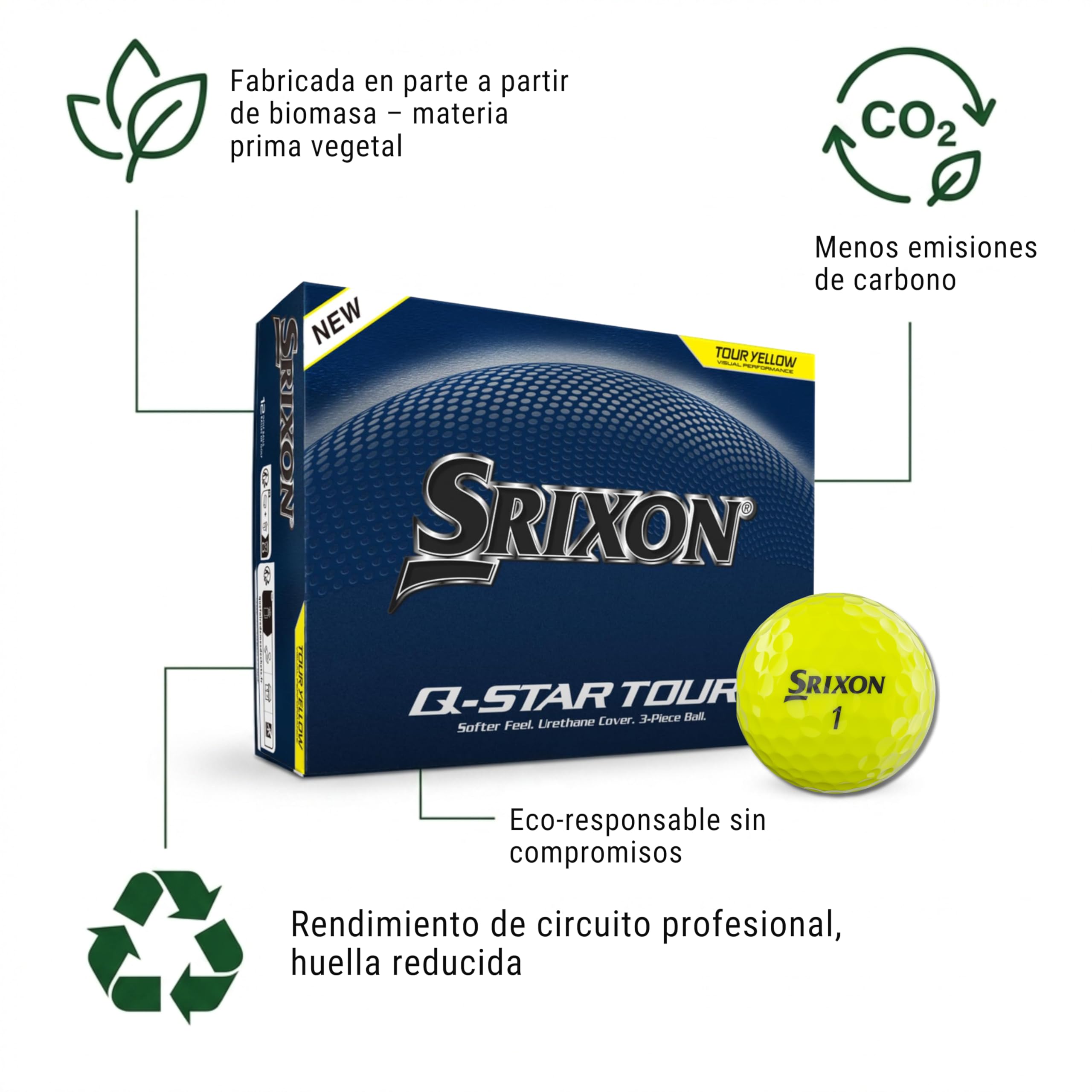 Srixon Q-Star Tour Pelotas de Golf Cubierta Uretano Alta Gama Ultrafina Spin Skin+ FastLayer Core 12 Unidades