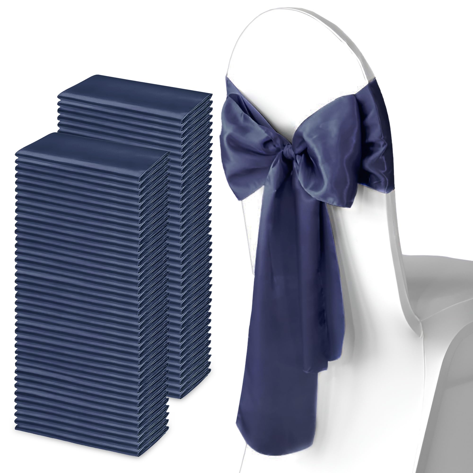 WedDecor Raso Fascia Nastro Fuller Fiocco per Sposa Matrimonio Compleanno Fidanzamento Reception Festa Banchetto Evento Sedia da Pranzo Decorazione -7" X 108" (18 x 274cm) - Navy, 100pcs