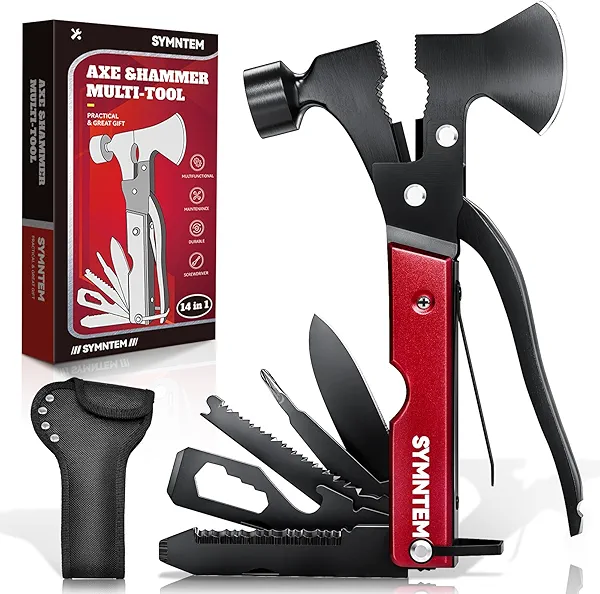 Gifts for Dad, 15-in-1 Multitool Axe Hatchet, Cool Gadgets Camping Accessories Multitool Must Haves for Adults Men, Birthday Gifts for Men, Gifts for Him, Women, Red