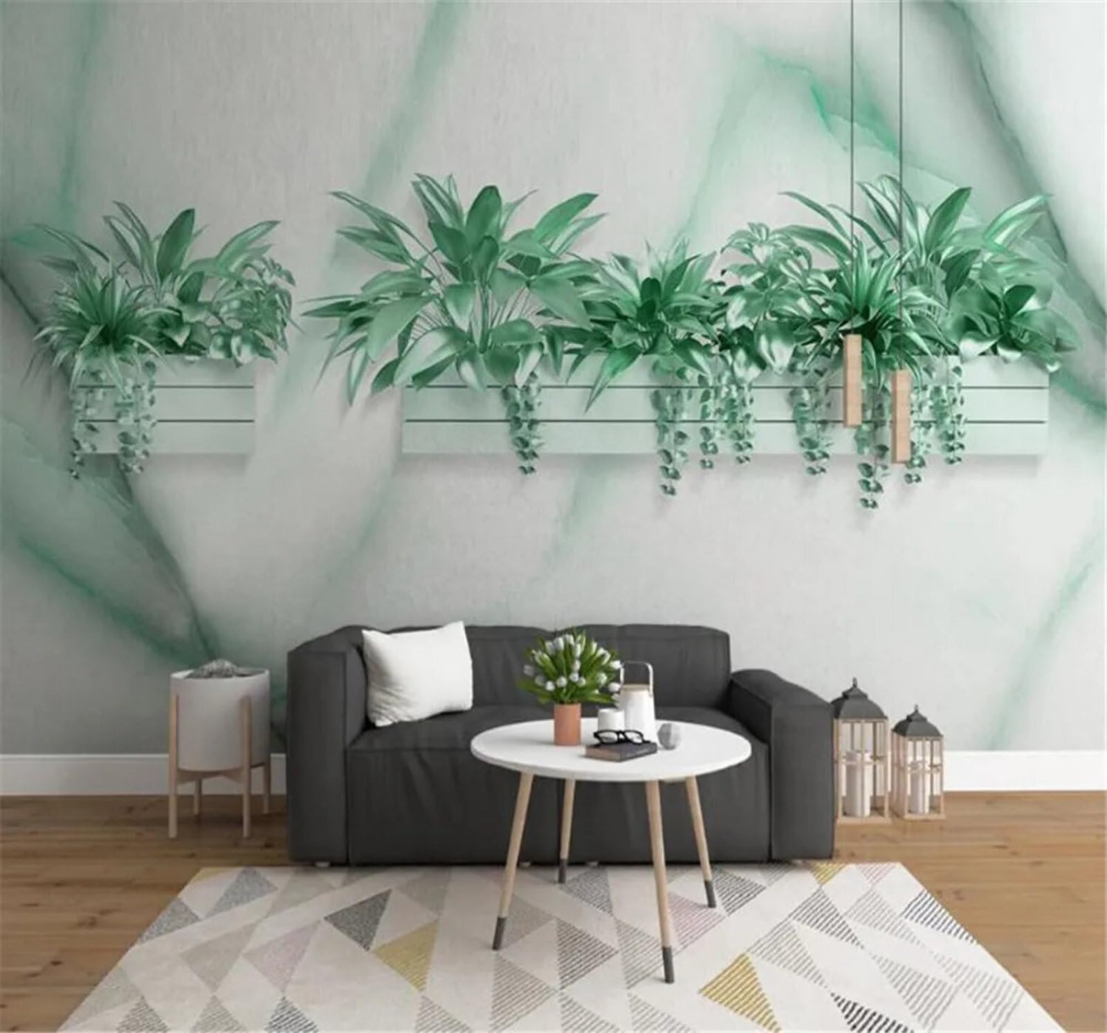 Tzxztt Three Dimensional Fresh Green Potted Plants Marble Effect Modern 3D Wallpaper Premium Textured Silk Neutral Tones Material Ideal for Living Room Bedroom-350cm×256cm
