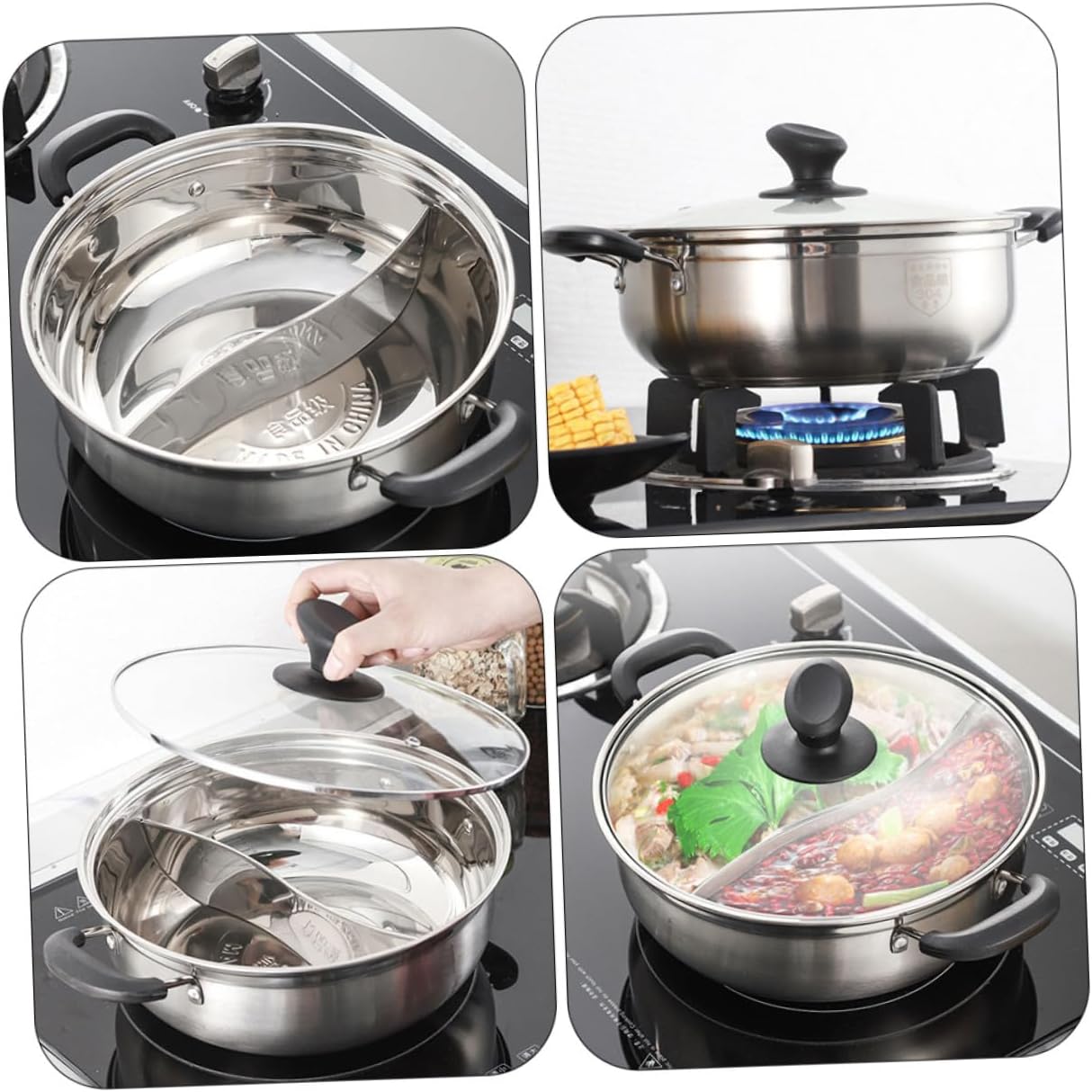 Stainless Steel Divided Hot Pot with Lid, Gas