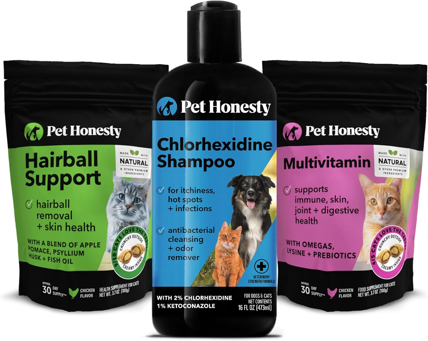 Pet Honesty Chlorhexidine Shampoo + Cat Hairball Support + Cat Multivitamin bundle
