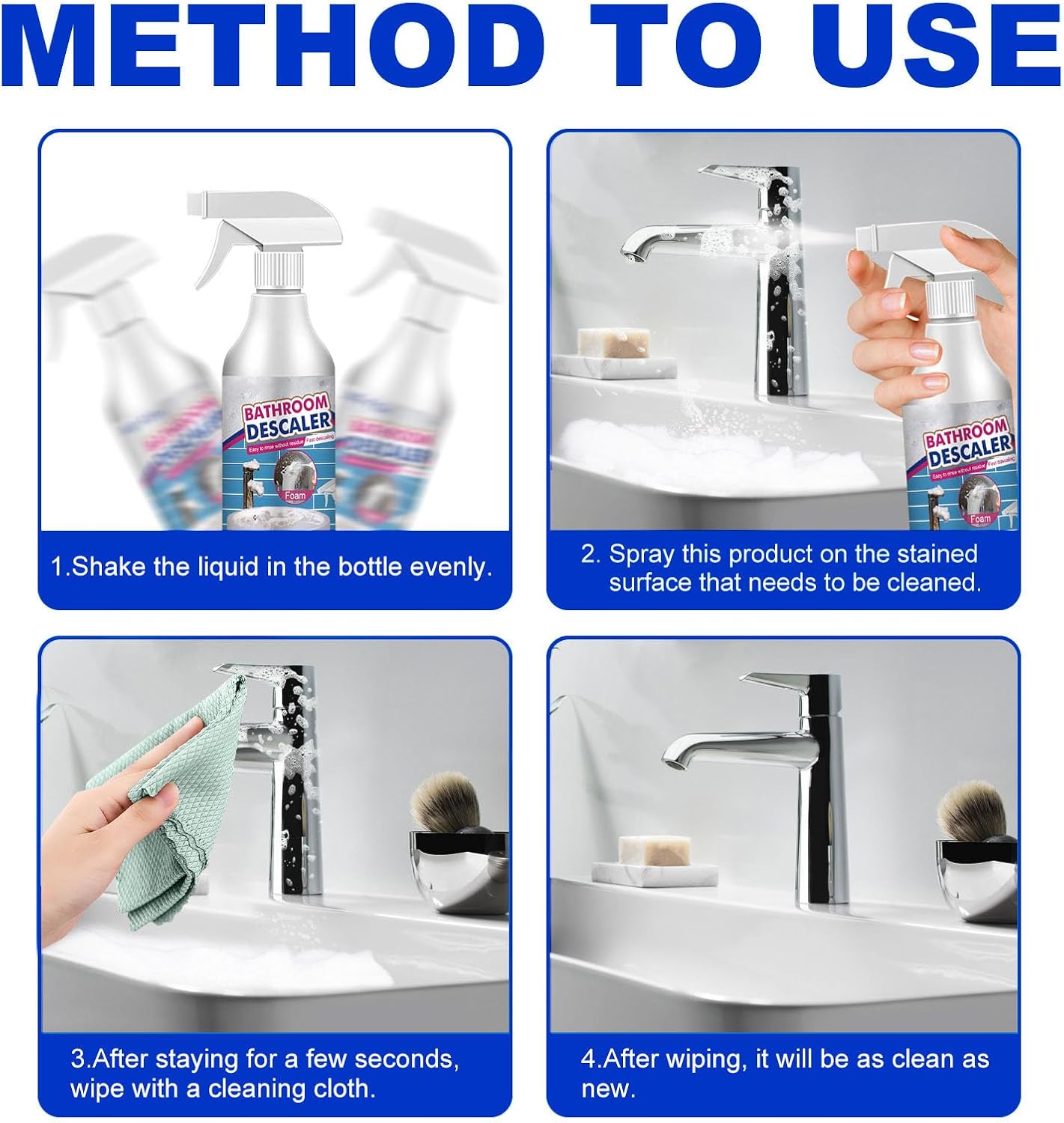 Bathroom Descaler Foam Cleaner Spray, Soap Scum Remover for Shower, Tub Cleaner Heavy Duty, Foam Toilet Bowl Cleaners, Multipurpose Stubborn Stains Cleaners, for Faucet Glass Sink Toilet Bathtub (4)