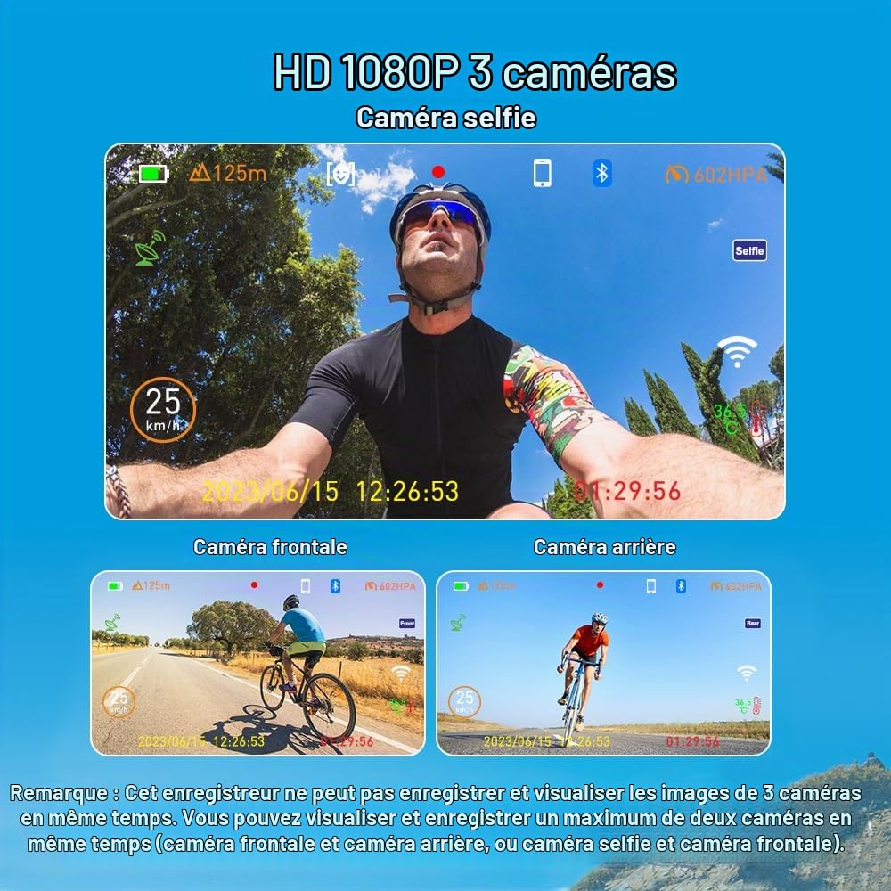 VSYSTO Caméra de recul pour vélo, rétroviseur de Guidon pour vélo, écran 4'' WiFi HD 1080P Caméra Avant et arrière DVR avec TPMS GPS Bluetooth Mode Téléphone Capteur de température (Bike-F3K)