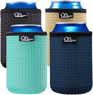 WKieason 12oz Standard Can Sleeves Insulators Sleeves Standard Can Covers 12OZ Beer Bottle Sleeves Coolers Holder Non-slip Neoprene Can Coolier Sleeves 4PC Pack (Black/Cool Mint/Dark blue/Khaki)