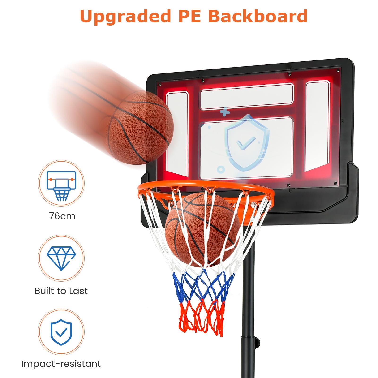 LIFEZEAL Pied de Basket sur roulettes, Panier de Basket d'Extérieur, Installation de Basket avec Hauteur Réglable 195-250 Cm, Pied de Basket pour Grands Enfants, Adolescents
