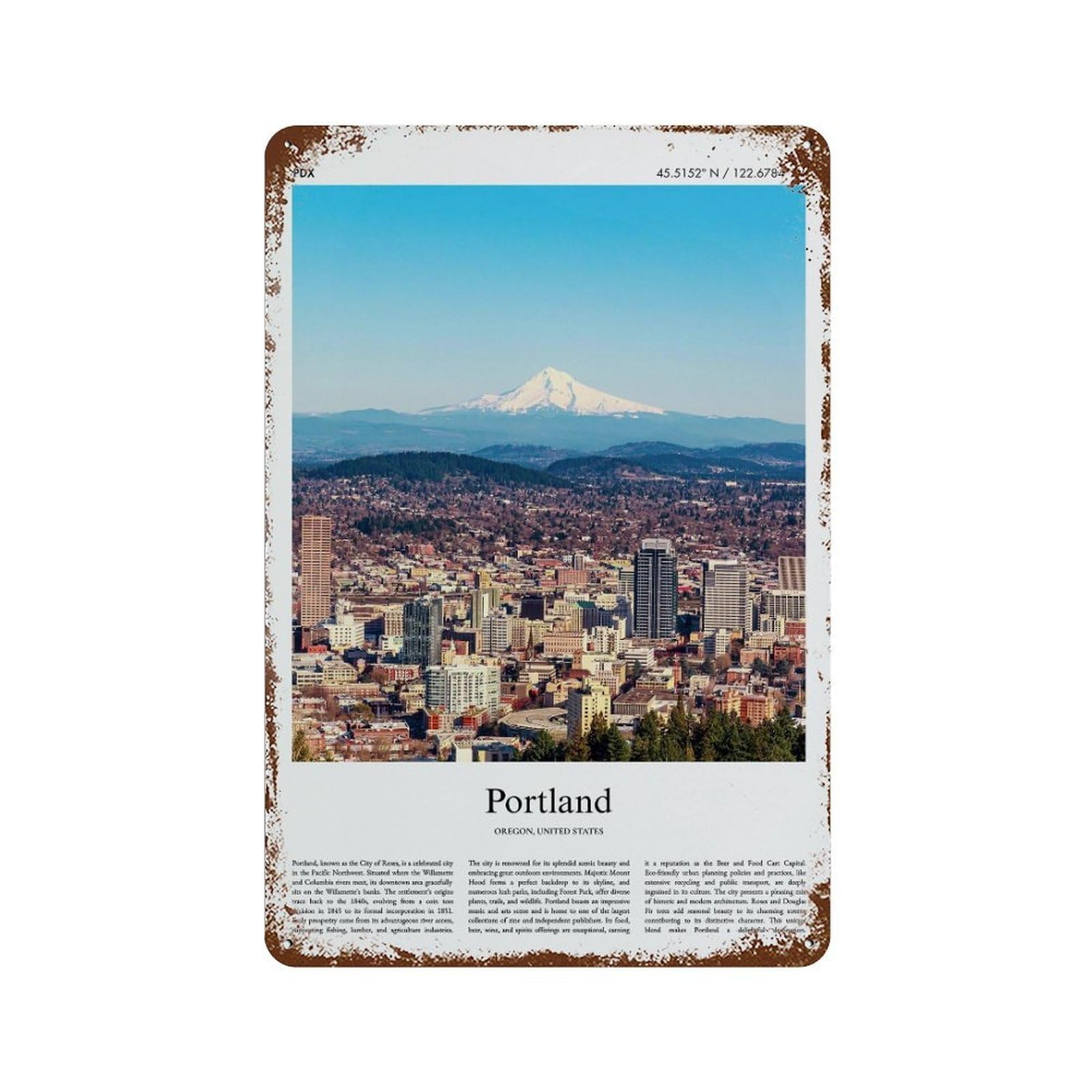 xiaoxiaoshen Portland Oregon, United States, USA City Scenery Wall Decor Art Metal Tin Poster Modern Home Decor Art Home Bar Shop Decorations Vintage Sign 30x20cm