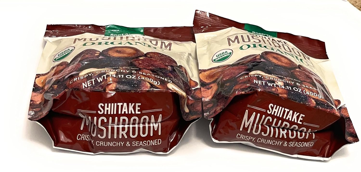 Organic Shiitake Mushrooms Snack, Cooked at Low Temperatures, Crunchy, Crispy and Well-Seasoned, Two Packs