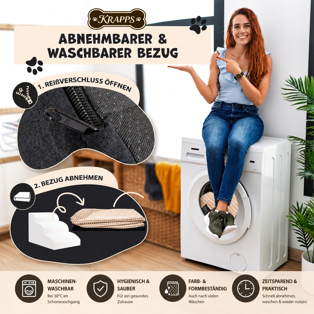 Hundetreppe für kleine Hunde mit Tierhaarentferner-Handschuh und Pfotenreiniger - Katzentreppe für Sofa und Bett, rutschfest, wasserabweisend, mit waschbarem Bezug