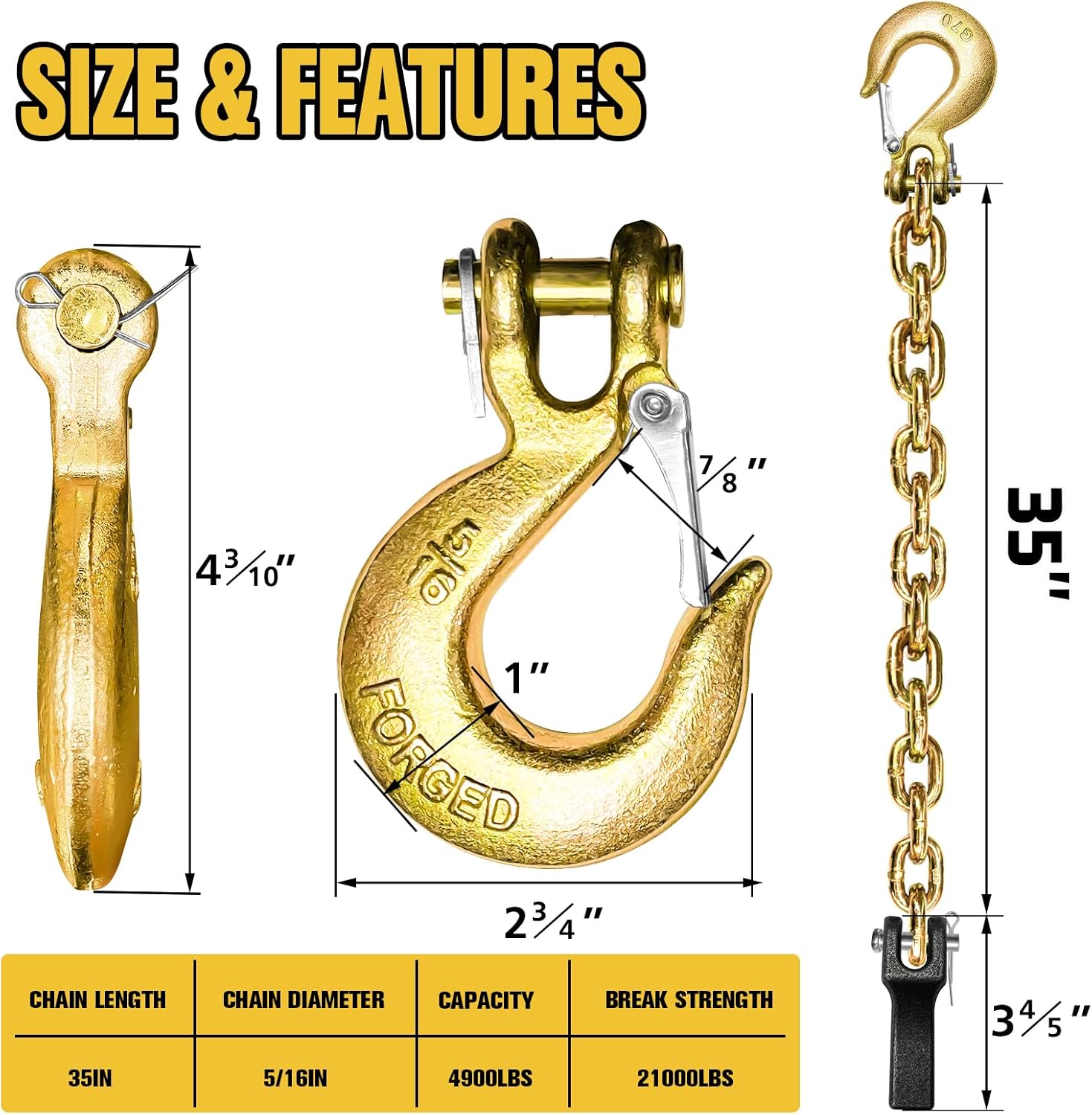 2 Ton Snatch Block with Hook, 3" Sheave for 3/8" Inch Wire Rope+Grade 80 Trailer Safety Chains - 35 Inch with 5/16" Clevis Slip Hook