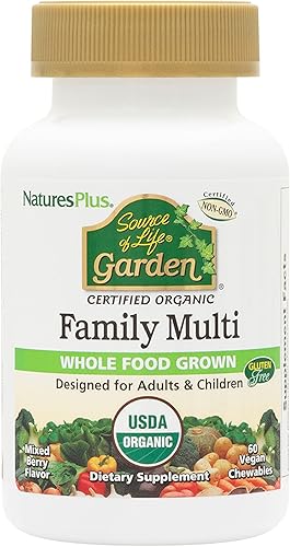 Natures Plus Source of Life Garden - Multivitamínico masticable orgánico familiar, 60 masticables veganos, sabor a bayas mixtas, para adultos y
