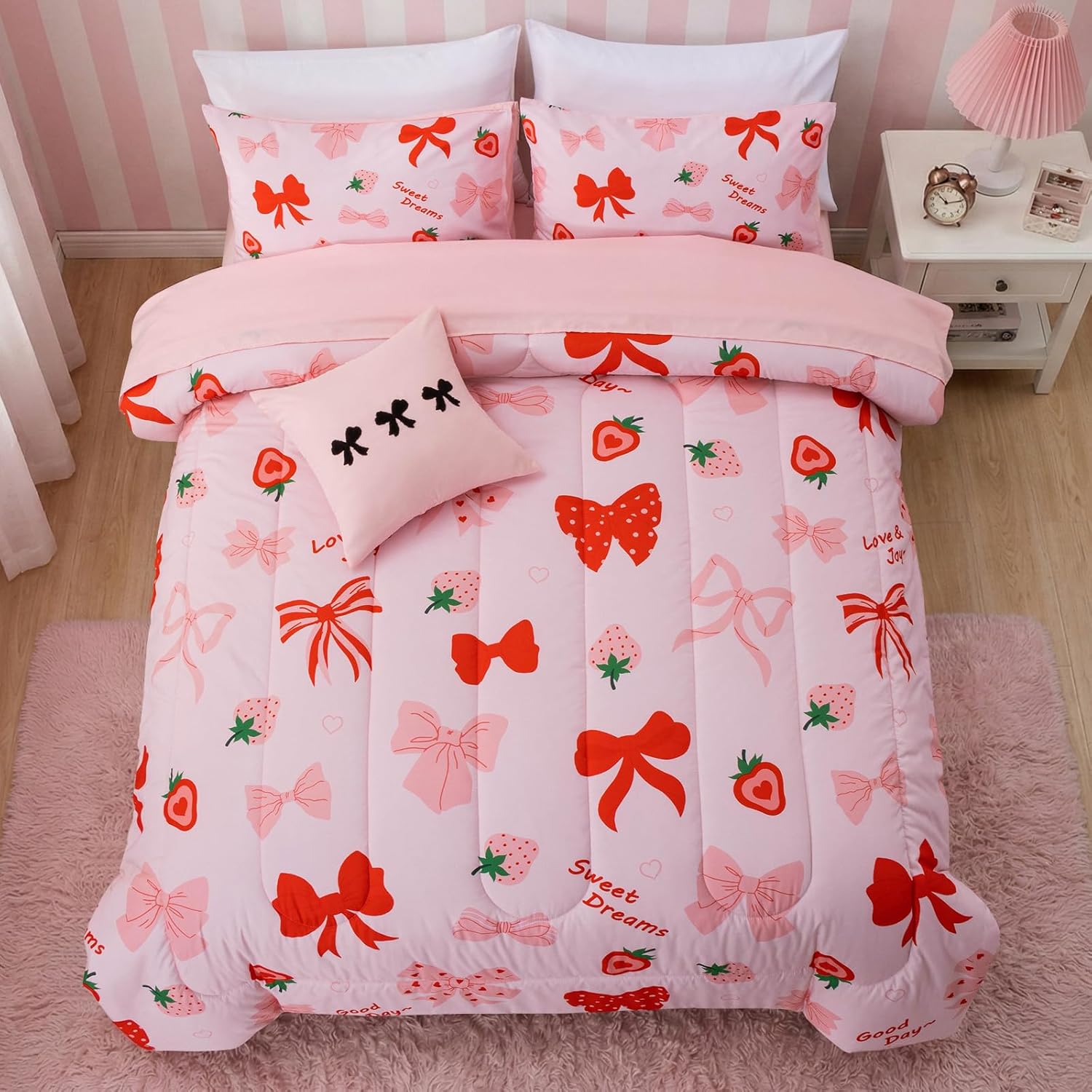 Aimuan Red Bow Comforter Set Blush Bowknot Bedding Set for Girls Kids Princess Style Strawberry Printed 6 Piece Bed in a Bag (Blush Red, Queen 6Pcs)