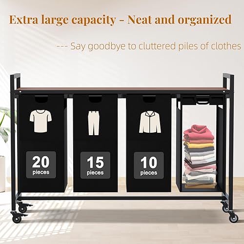 Miniatura 5 de Cesta de lavandería clasificadora de ropa sucia de 4 secciones con ruedas, carrito de lavandería con ruedas, organizador de ropa con estante y 4