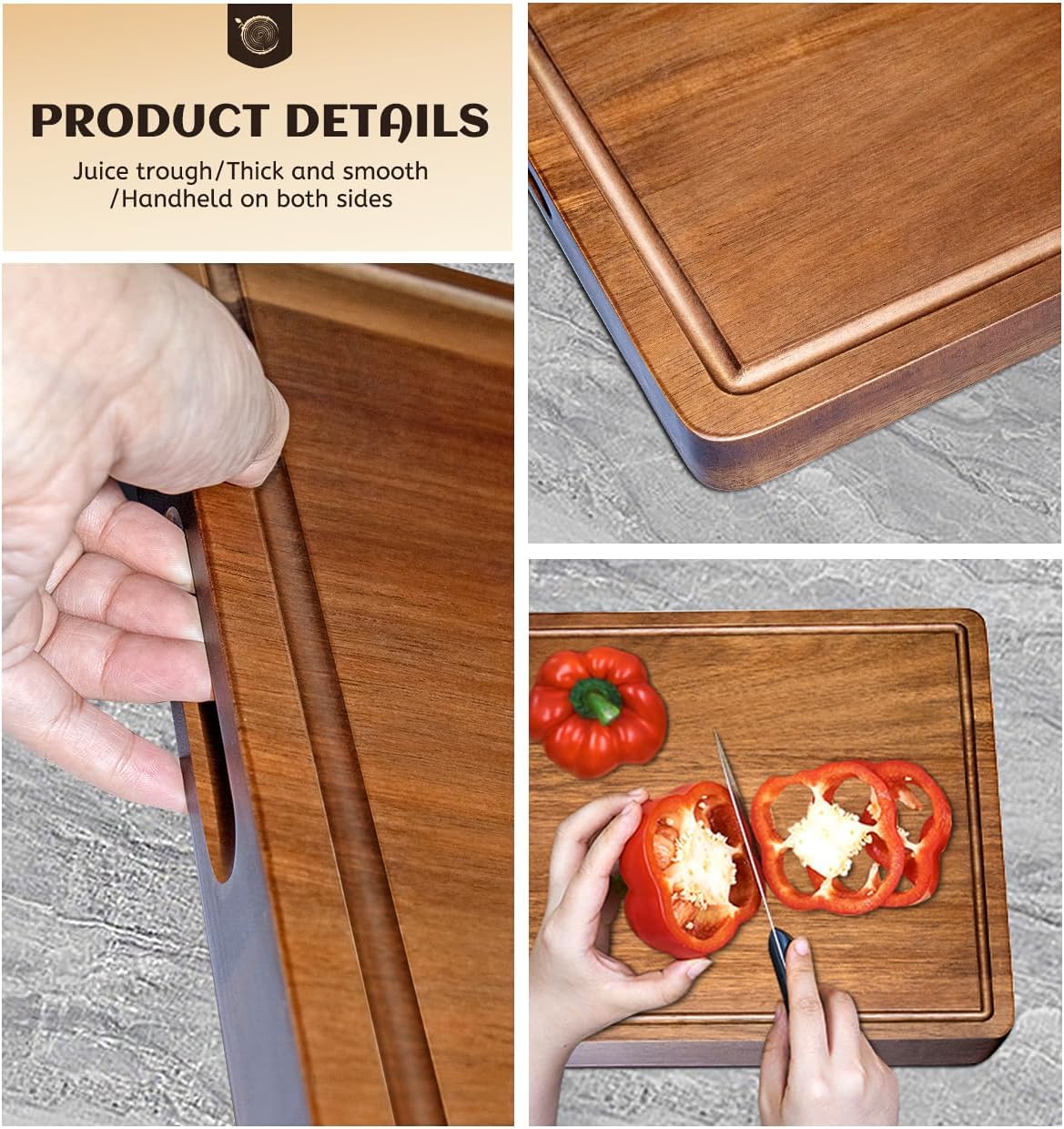 Large Acacia Wood Cutting Board for Kitchen, 17x12 Inch Reversible Wooden Chopping Board Charcuterie Board with Juice Grooves and Handle for Meat, Cheese, Vegetables, Fruits, Bread