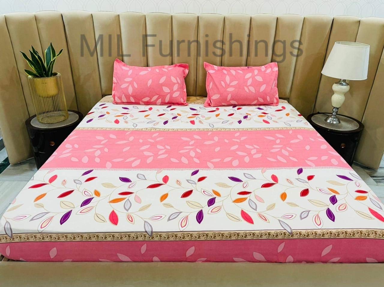 D Imports MIL Presents FIT-UP Collection Quality Bed Sheet Pink Flower Leaf Color Shade with Printed Design Comes with 1 Double Bed Sheet 108 * 108 inch, 2 Pillow Covers