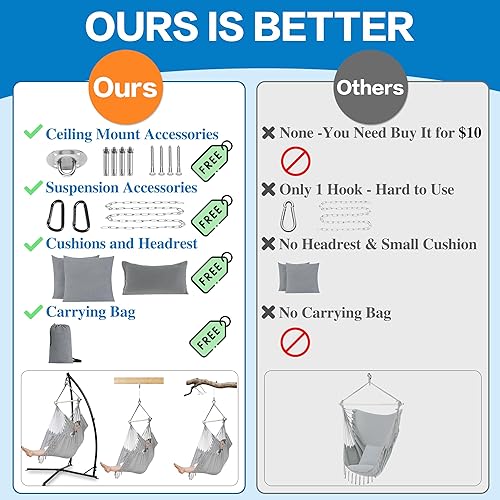 Miniatura 6 de PNAEUT Silla hamaca colgante con borla, silla oscilante para dormitorio, máximo 500 libras, interior y exterior, 2 cojines incluidos, tamaño grande