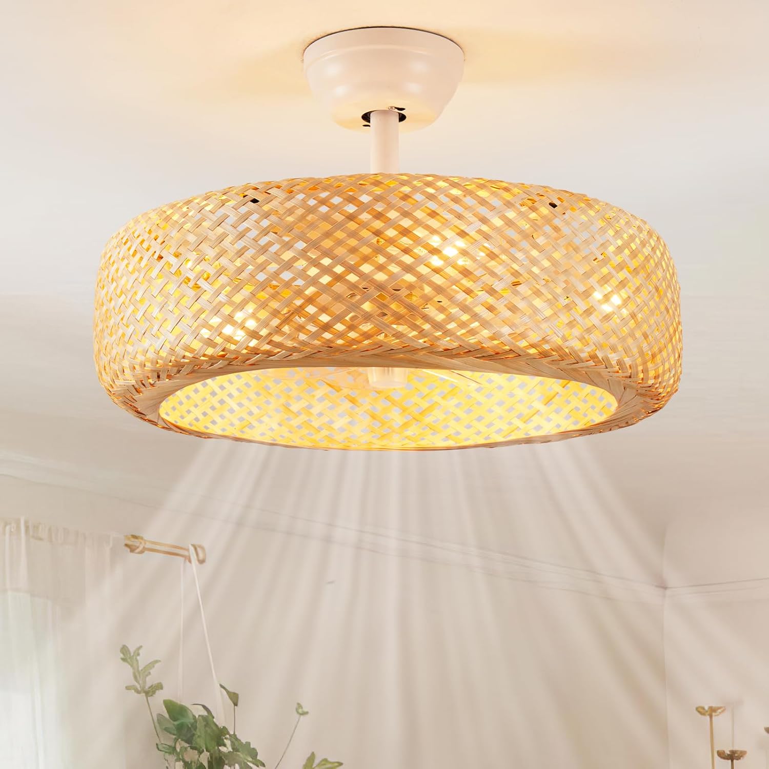 20 Inch Boho Fandelier Ceiling Fans with Lights Enclosed, Caged Rattan Chandelier Ceiling Fan with Light Remote Control with 6 Speeds for Bedroom, Nursery, Living Room Yellow Boho Ceiling Fan Chandelier