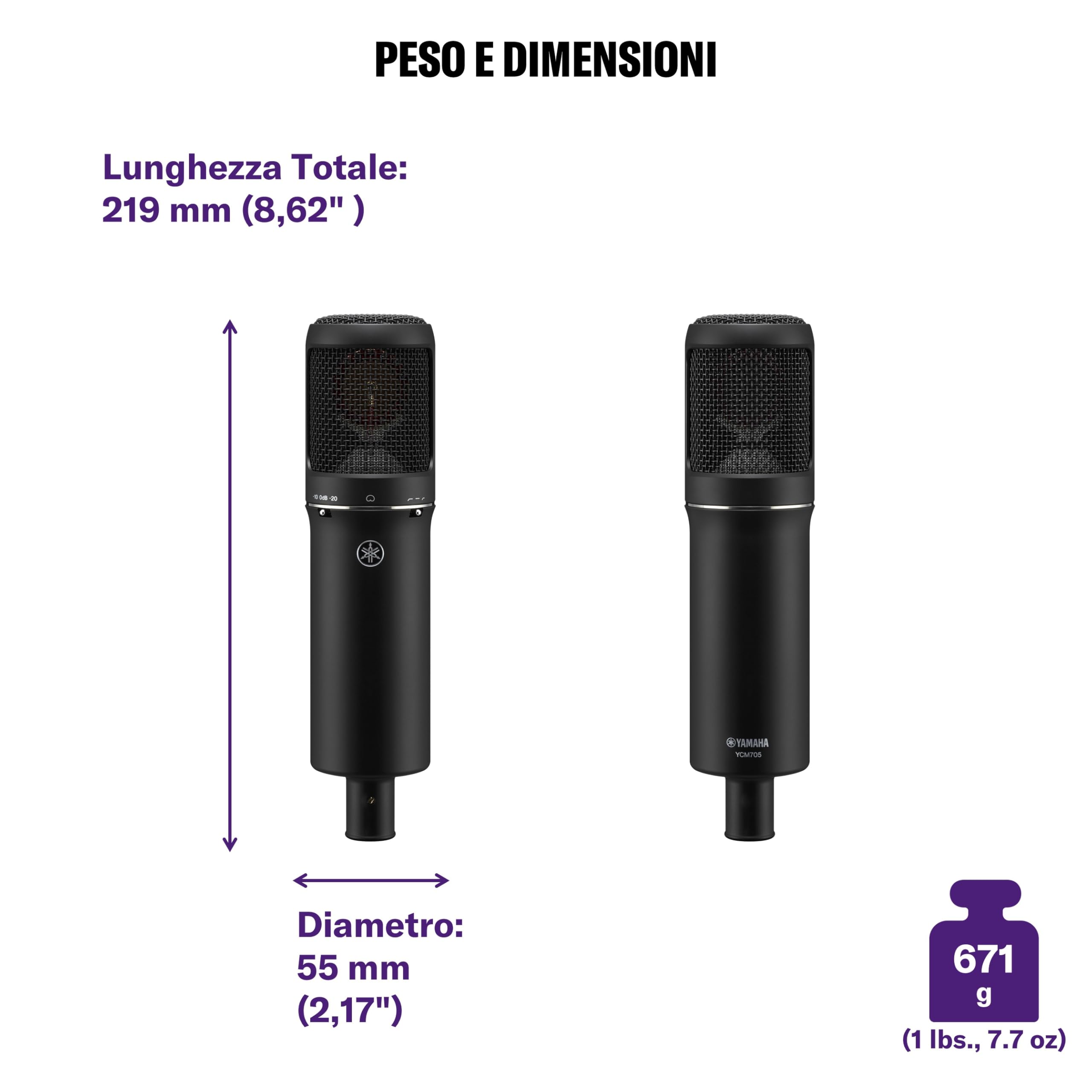 YAMAHA YCM705 Microfono a condensatore – Qualità da studio, diaframma da 1", PAD -10/-20 dB, filtri low-cut, risposta in frequenza 20 Hz–20 kHz, gestione SPL elevata – Nero