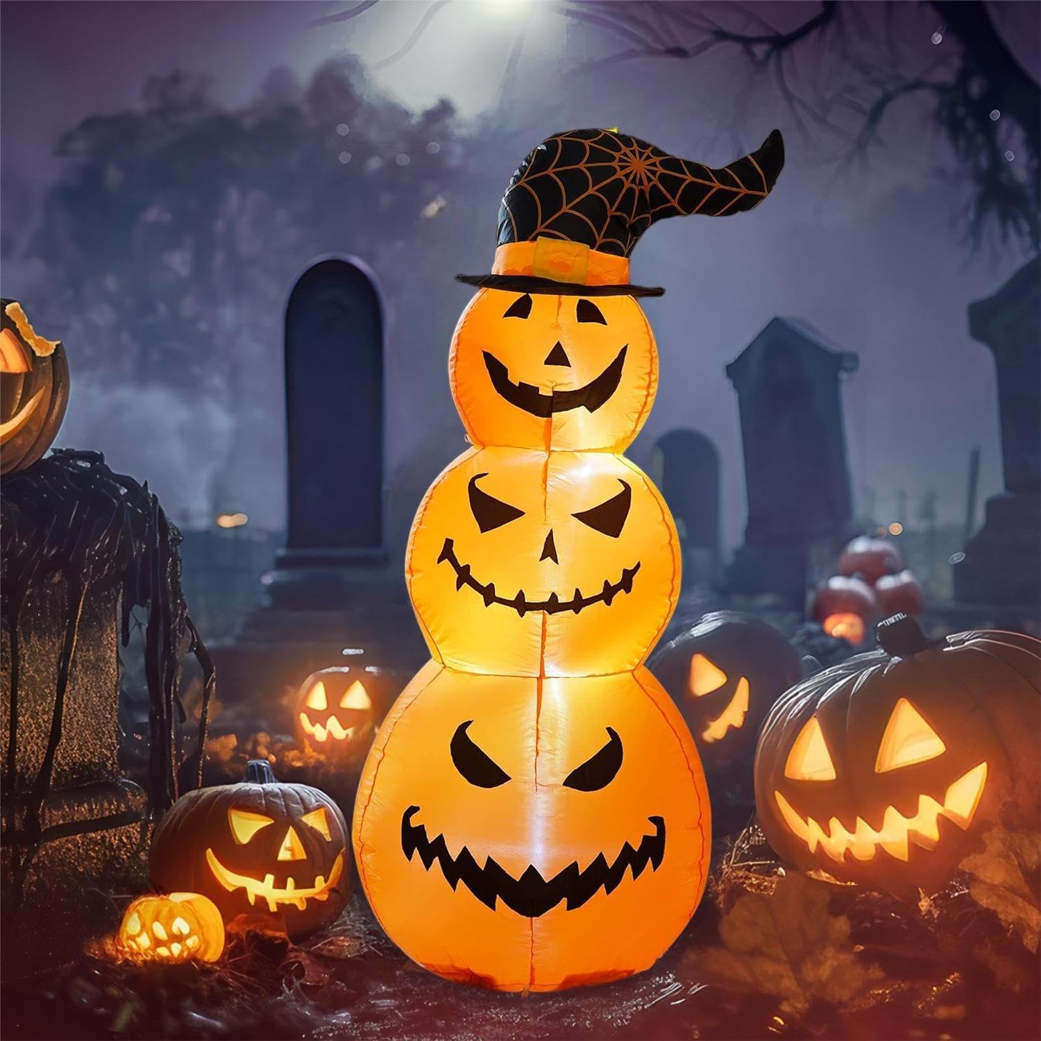 4FT Halloween Inflatables Stacked Pumpkins Outdoor Decorations with Witch Hat – LED Light-Up Blowup Decor, Indoor or Outdoor Yard Decoration for Spooky Party, Easy Setup