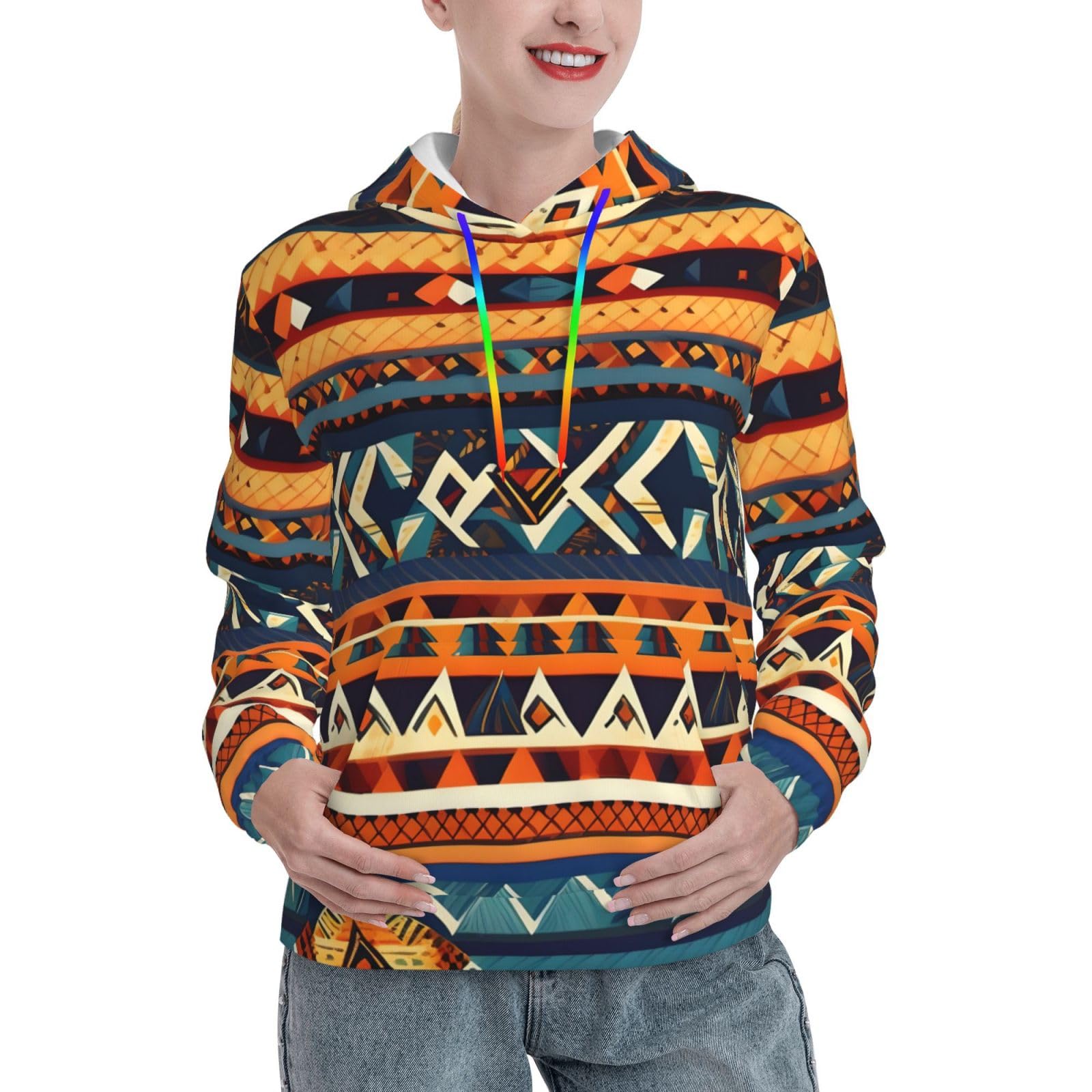 Edwal Women's Black African National Patterns Print Daily Versatile Hoodie For - Fitted Pullover Kangaroo Pocket