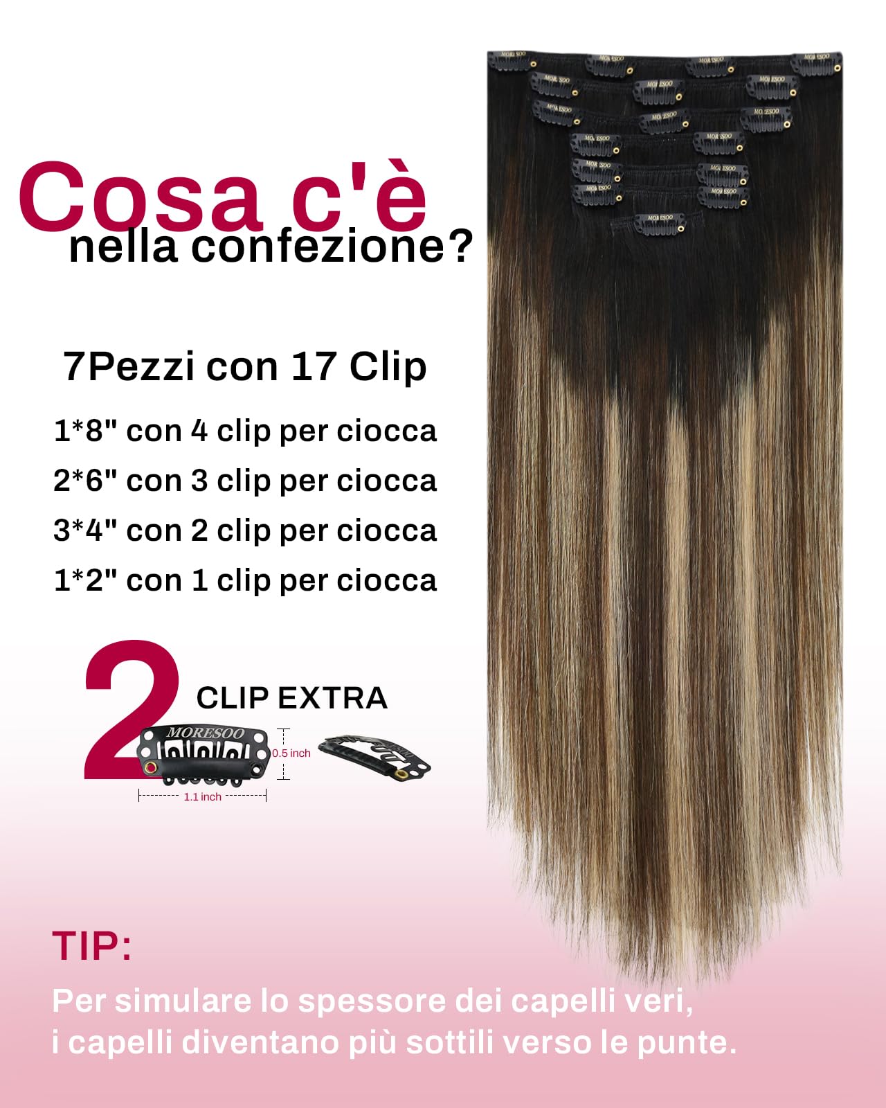 Moresoo Extension Cheveux Naturel Clip Noir Naturel à Brun 45 cm 120g
