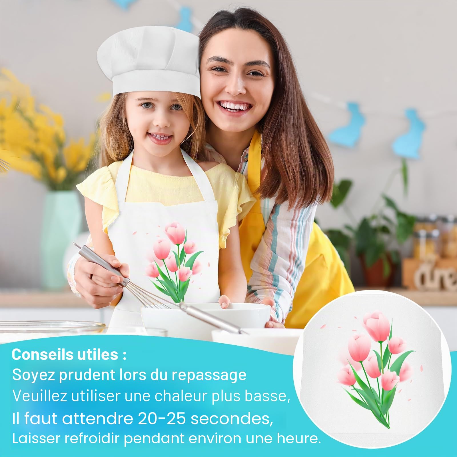 Ensemble tablier et toque de chef pour enfants - Tablier réglable avec 2 poches - Cuisine et pâtisserie