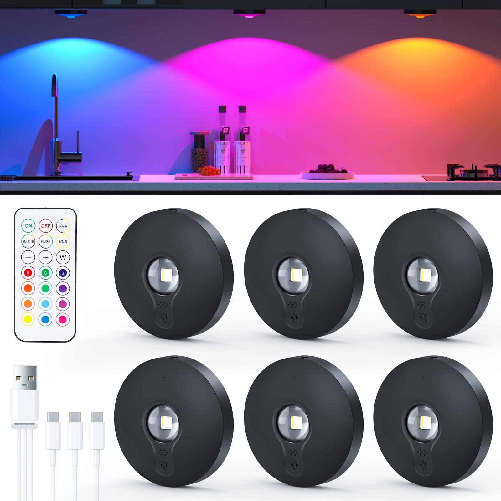 TRUMPETS RGB LED Spot Akku Magnetisch mit Fernbedienung，Schwarz：6 stk
