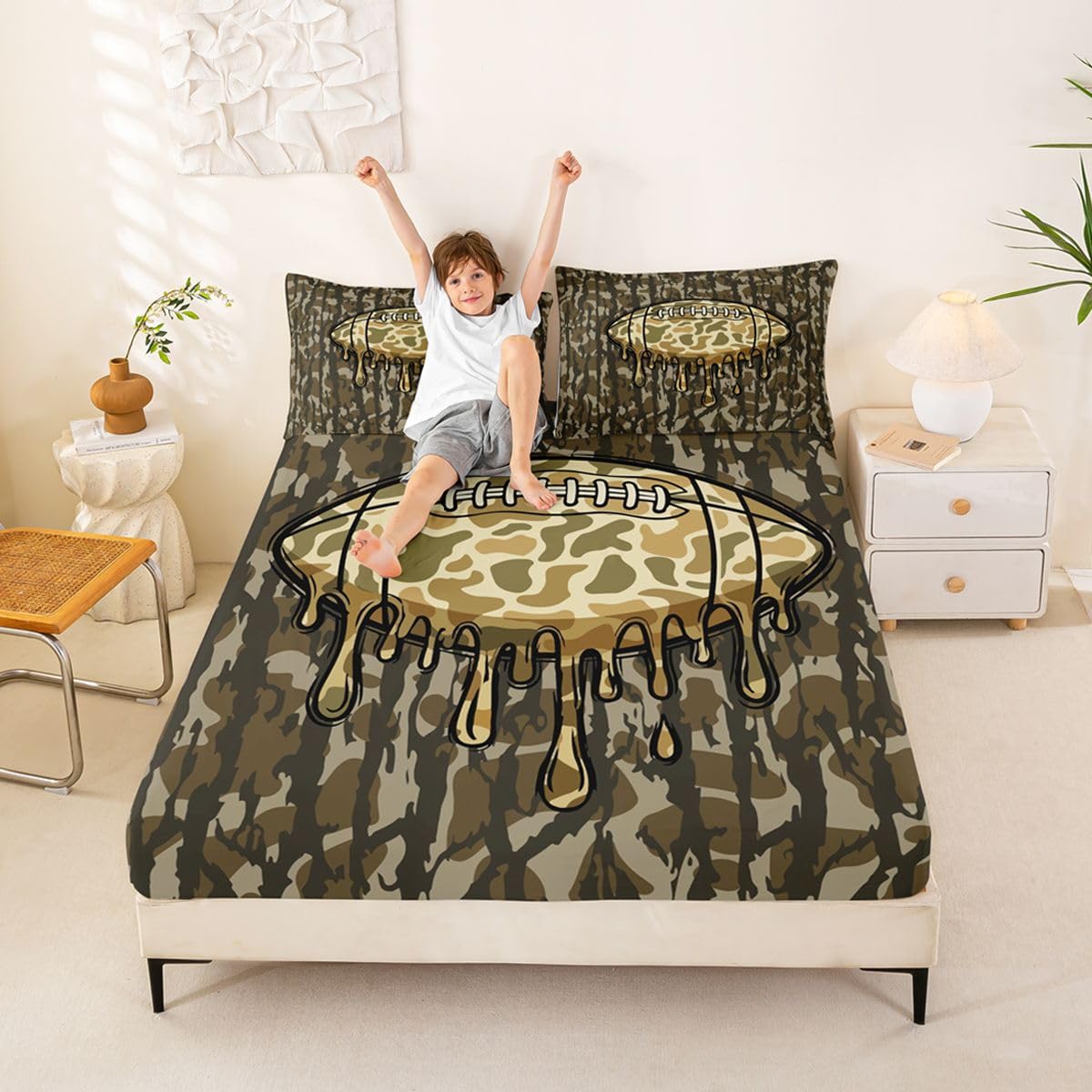 Loussiesd Juego de sábanas bajeras de camuflaje tamaño King para niños y niñas, con bolsillo profundo de 16 pulgadas, microfibra suave y transpirable, estilo militar, con 2 fundas de almohada