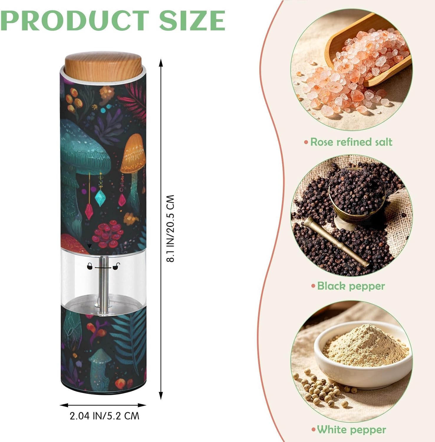 ALAZA Electric Pepper Grinder with Adjustable Coarseness, Witch Mushroom Black Background Pattern Battery Automatic Salt and Pepper Mill with Led, One-Handed Operation Spice Grinder for Kitchen, Campi