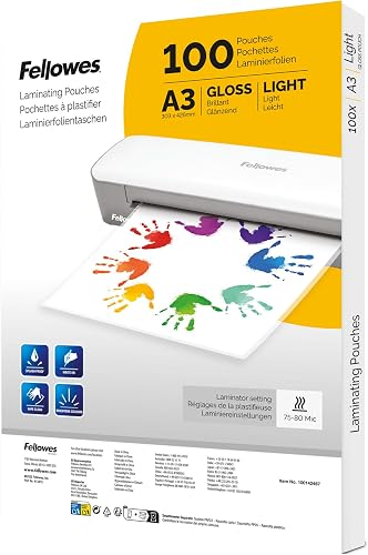 Fellowes Fundas de plastificar A3, Pack de 100 Acabado brillo, Fundas plastificación para hogar, escuela, oficina, Adecuadas para póster, carteles, documentos, Compatible con todas las plastificadoras