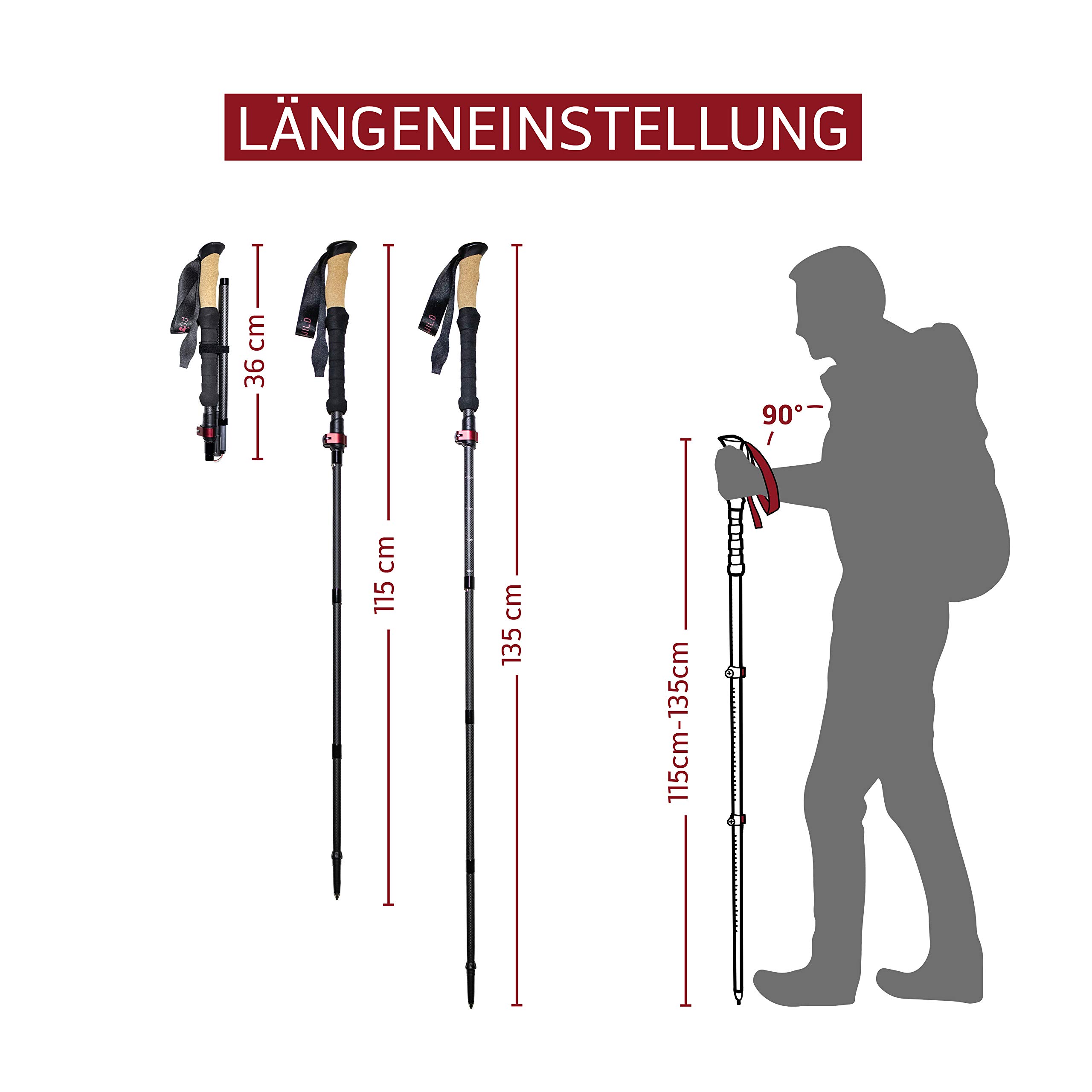 Rothwild Wanderstöcke faltbar – Carbon Trekkingstöcke Ultraleicht mit Korkgriff – Modell Platzhirsch – verstellbare Länge für Damen & Herren – inkl. Tasche