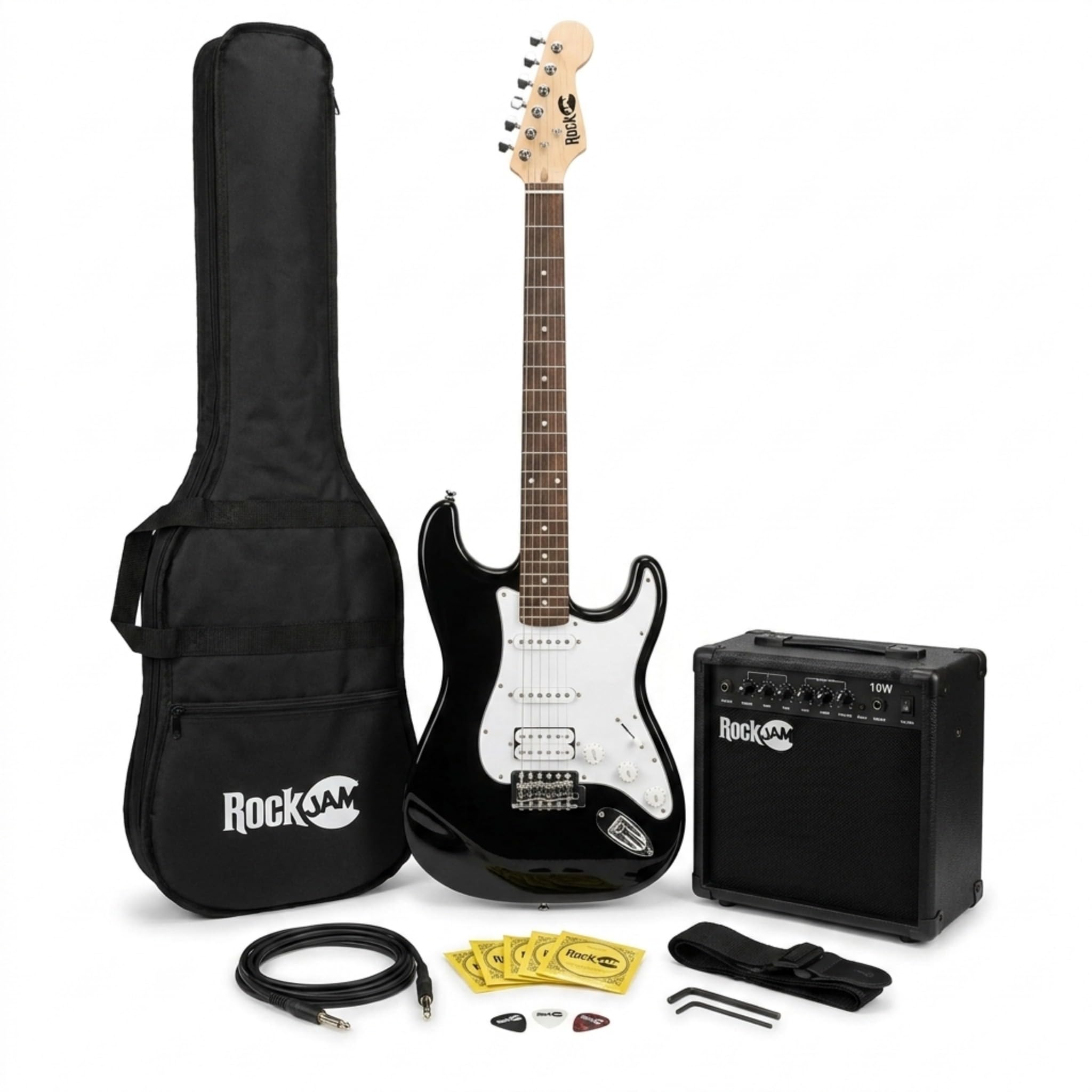 RockJam E-Gitarren-Set volle Größe für Anfänger, Schwarz, 6 Saiten mit 10-W-Verstärker, Tasche, Gurt, Kabel, Plektren und Tremolo