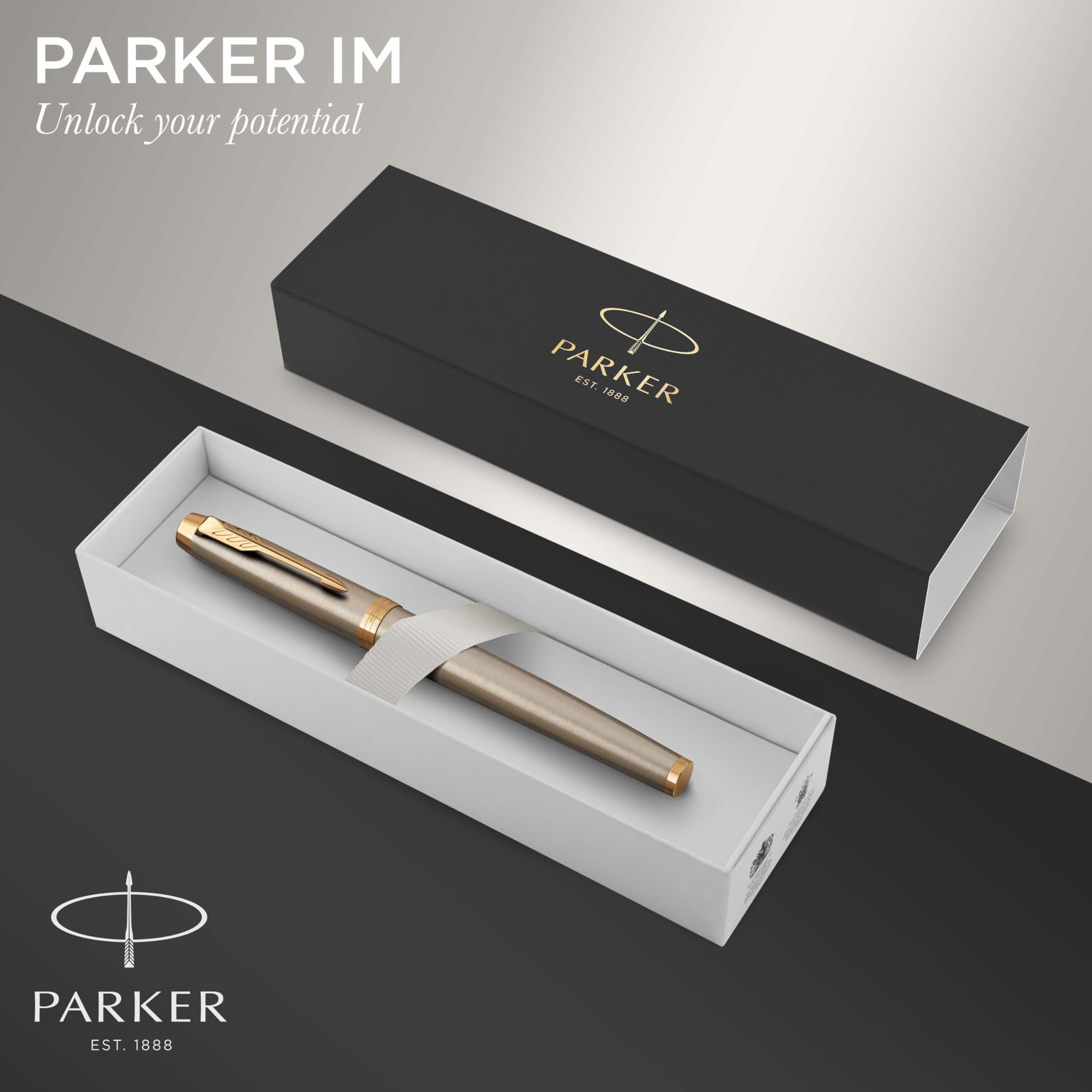 PARKER IM pióro wieczne Brushed Metal GT | szczotkowany metal ze złotymi wykończeniami | stalówka medium | niebieski atrament | opakowanie prezentowe